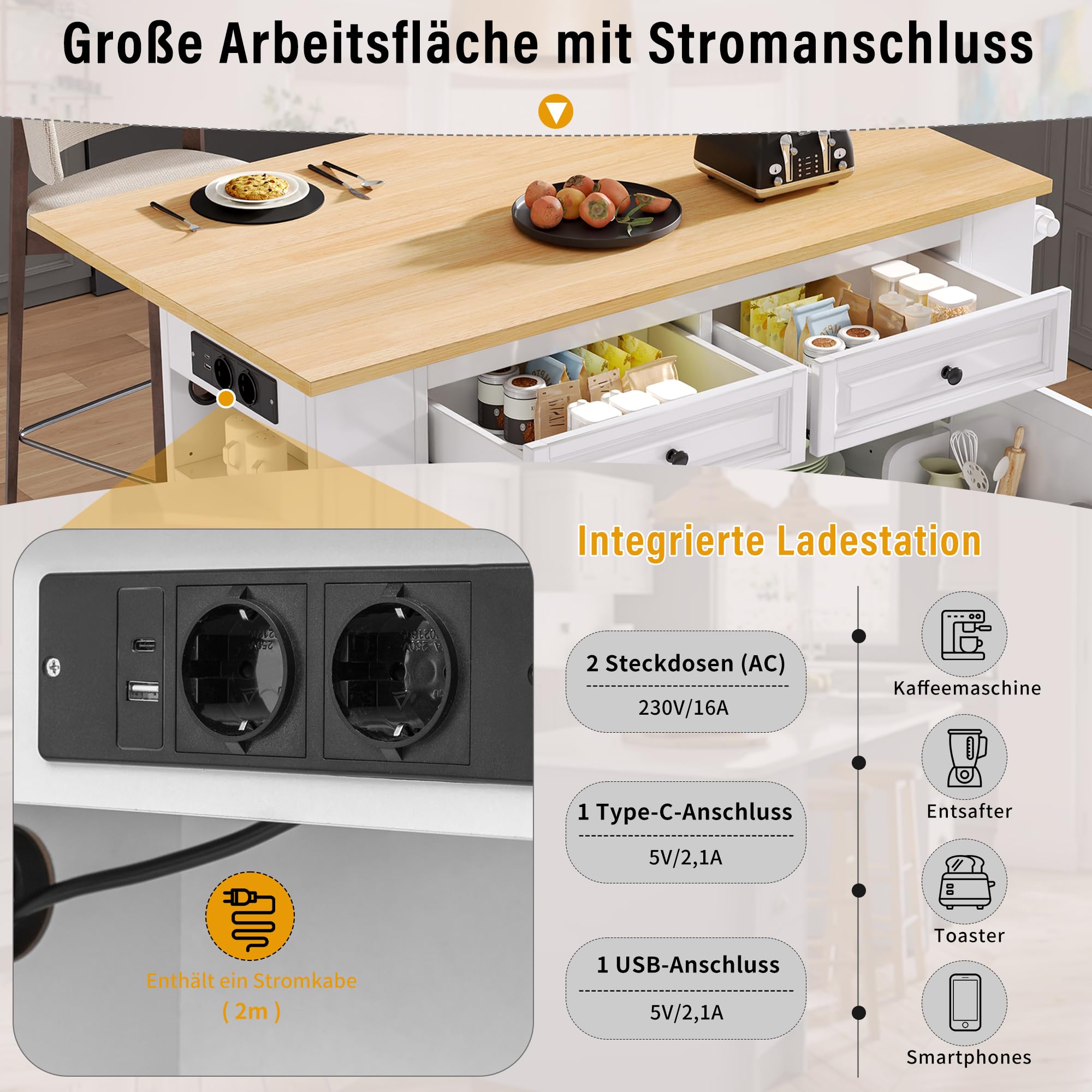 Kücheninsel mit Rollen ausziehbarem Esstisch, Mobile Kücheninsel mit Steckdosen, Abfallbehälterfach Handtuchhalter, Platzsparender Küchentrolley mit Stauraum für kleine Küchen Esszimmer (Weiß)