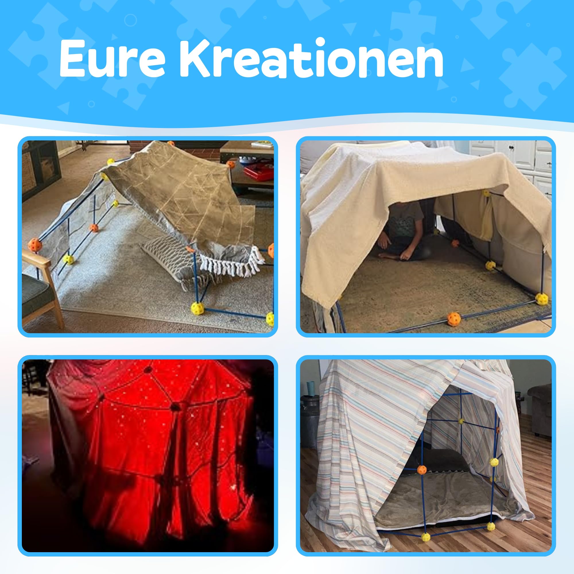 Fort Bausatz XL für Kinder, 122-teiliges Stecksystem mit 76 Stäben & 46 Steckbällen, Höhle Bauen Set für Indoor & Outdoor, Konstruktionsspielzeug ab 5 Jahren, Inkl. Tasche & E-Book mit Bauideen