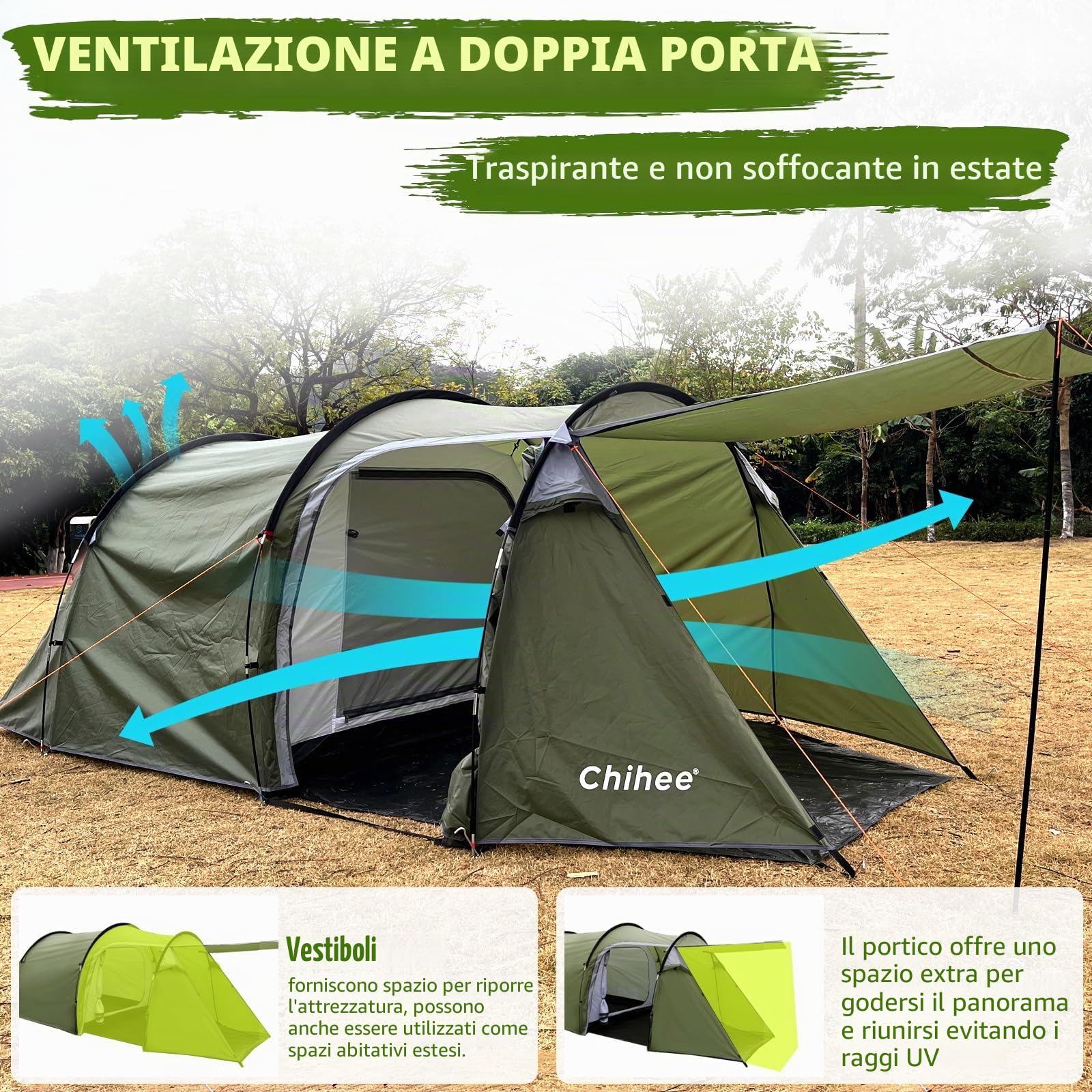 Chihee Tenda da campeggio a tunnel per 4 persone, tenda familiare con 2 ante, resistente alle intemperie, 4 stagioni, tenda con veranda schermata, tenda da sole inclusa, borsa per viaggi, attività