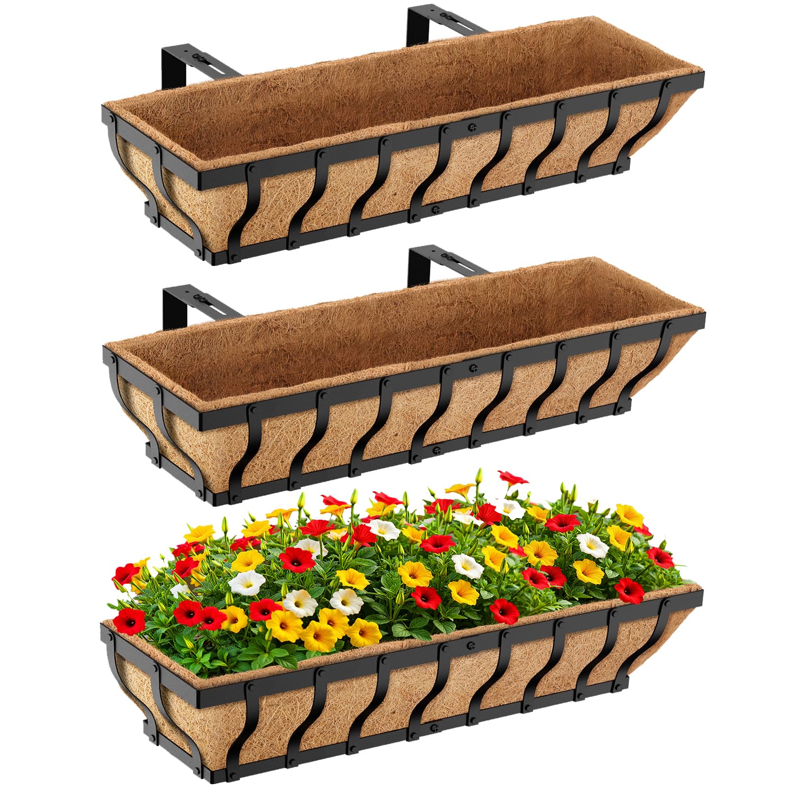 VOXOR Macetas de barandilla, macetas resistentes para ventana, macetas ajustables para balcón para colgar barandilla, con forro de coco para terraza, porche y jardinería de patio (paquete de 3, 30