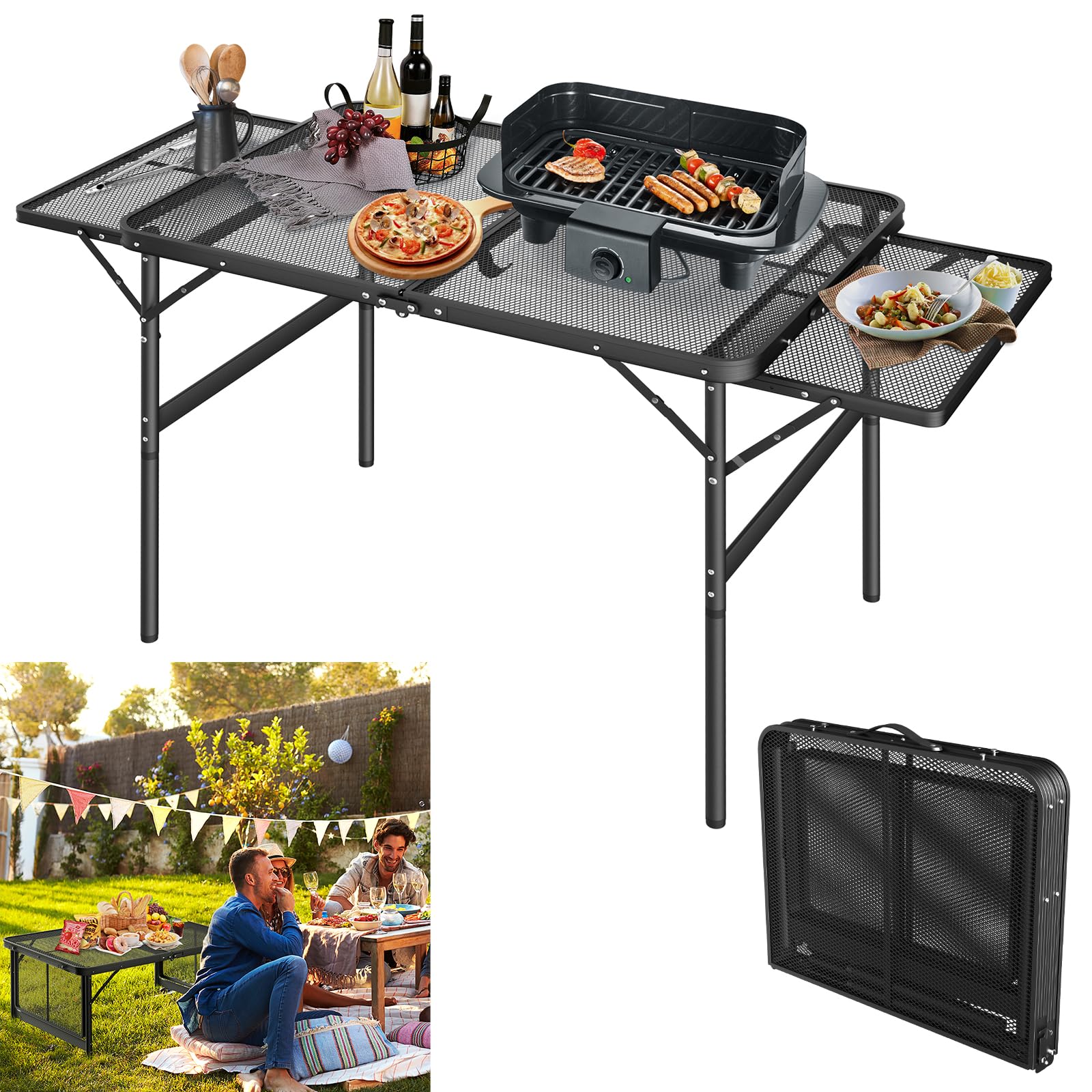 YUENFONG Tavolo da campeggio pieghevole, con griglia in metallo, regolabile in altezza e lunghezza regolabile, 90 x 60 x 39 cm