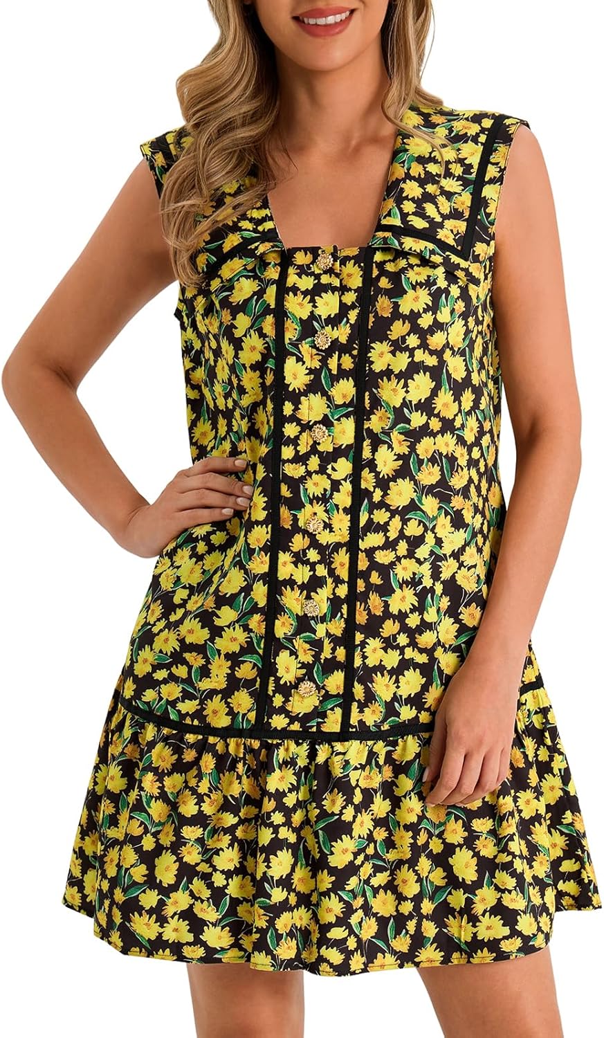 Wenrine Womens Mini Shirt Dress Casual Floral Sleeveless Collared Button Down Summer Dresses