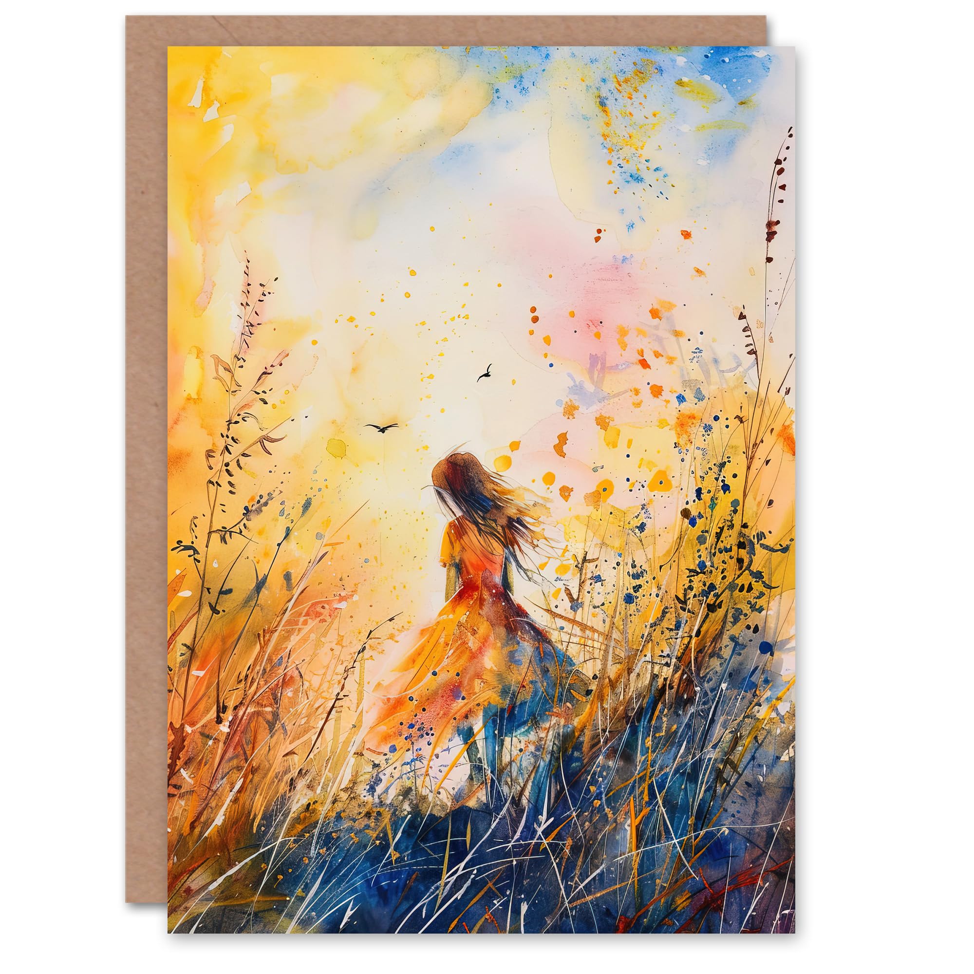 Artery8 Little Girl in Summer Meadow Dusk Painting Greeting Birthday Card Him Her All Blank