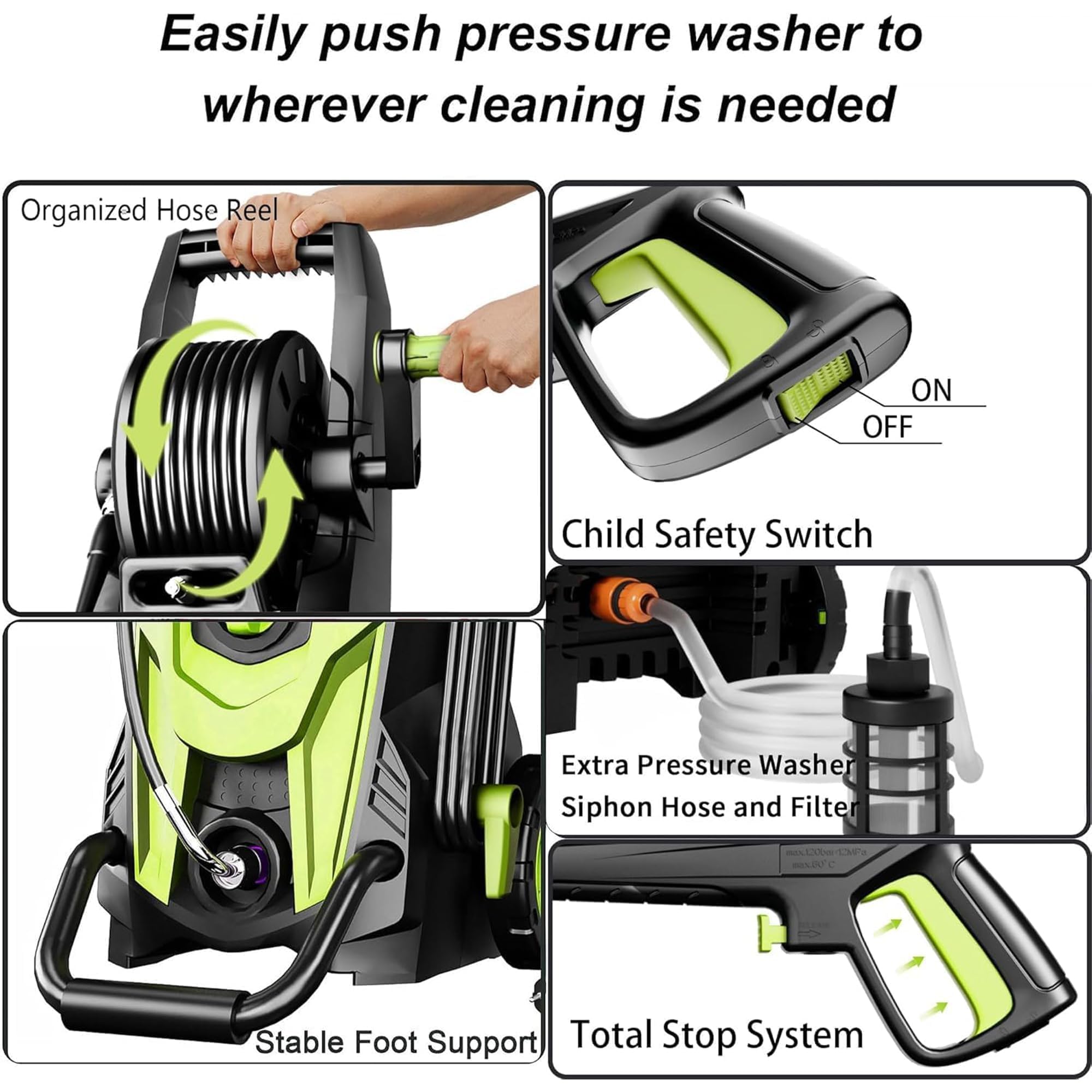 4500 PSI Pressure Washer, Power Washer with 4 Quick Connect Nozzle & Foam Cannon & Filter, High Pressure Washer for Cars/Fences/Driveways/Patio/Home Cleaning, Green — view 5