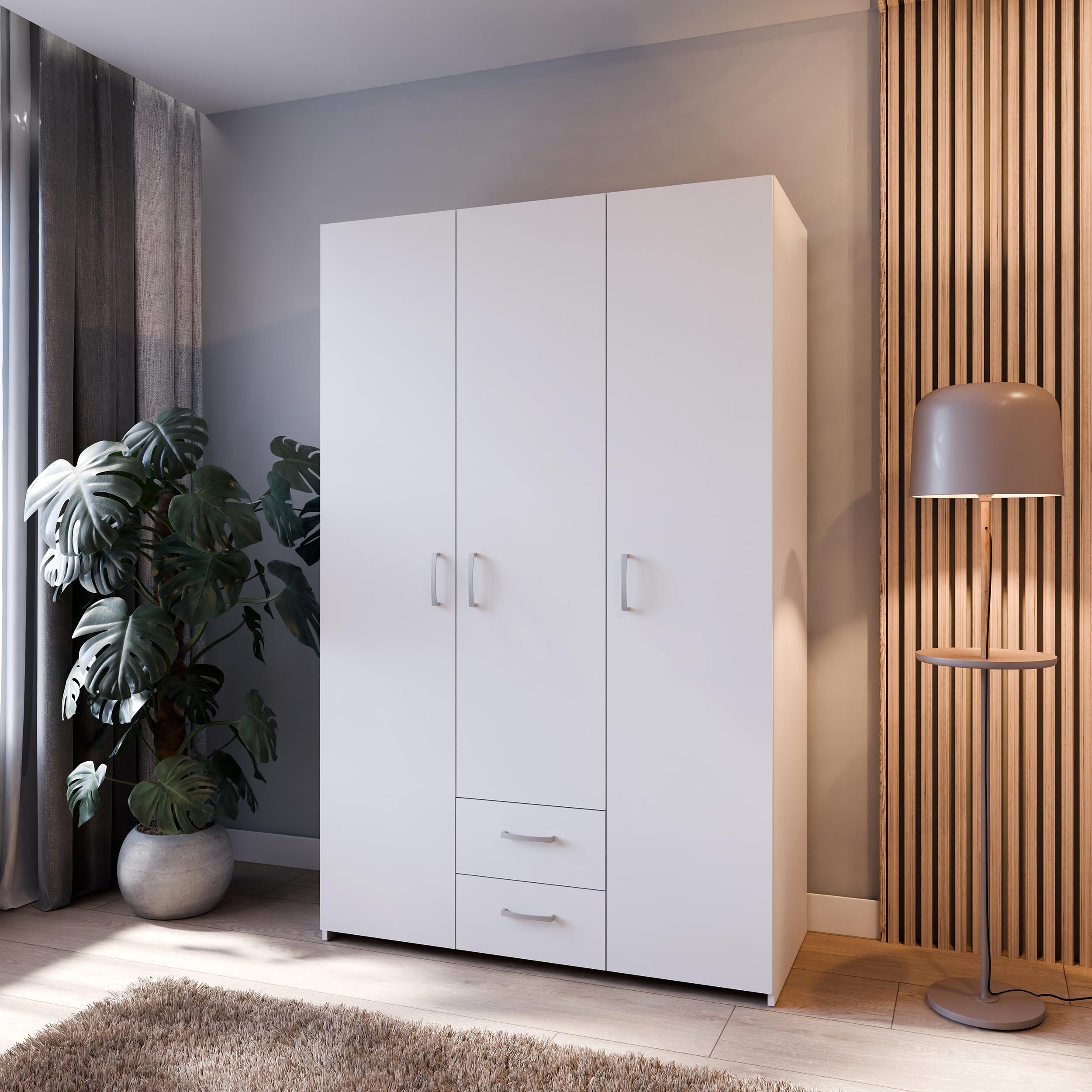 Forte ECONOBOX Kleiderschrank 120, 3-türiger Drehtürenschrank mit 2 Schubladen, Holzwerkstoff, Weiß, 119,4 cm breit, 190,5 cm hoch, 54,4 cm tief
