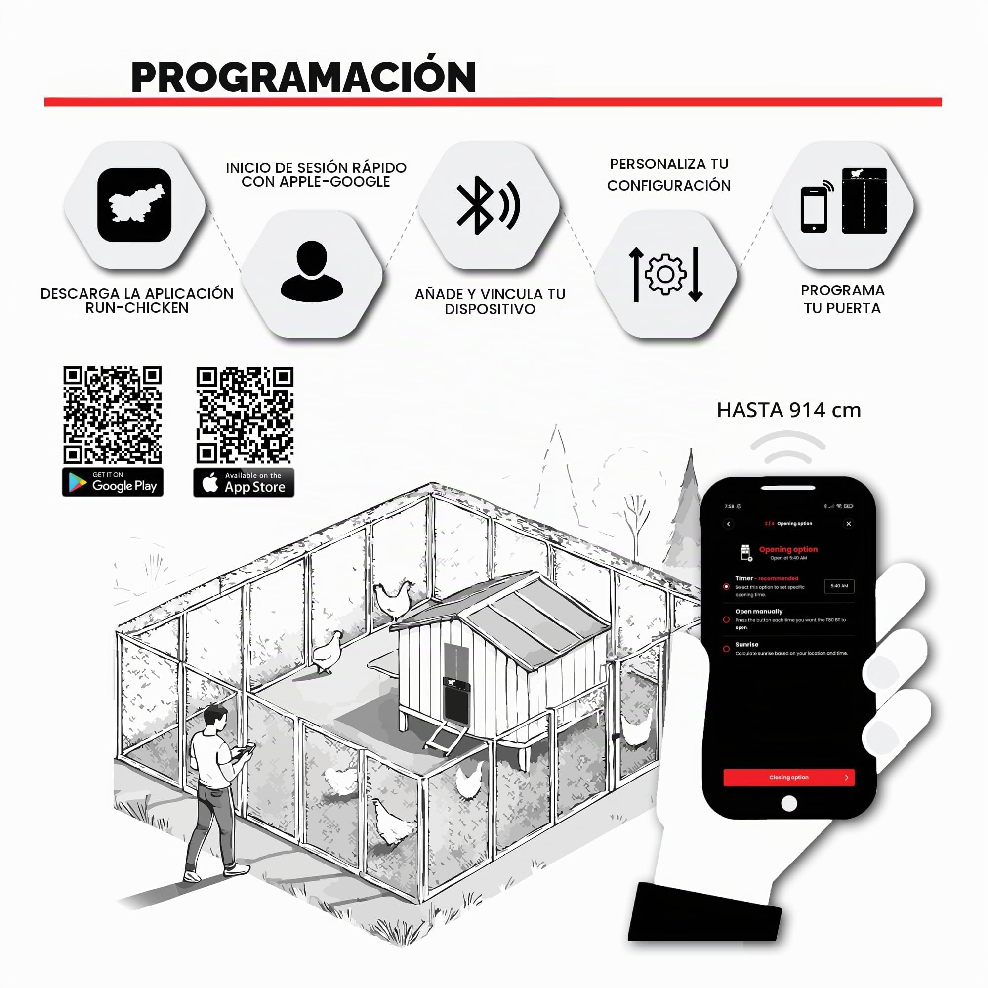 Run‑Chicken Door Eternal Gris – Puerta automática Gris para gallineros con energía Solar, batería Recargable de Larga duración, Control por App, Sensor de luz y Aluminio Resistente para Exteriores