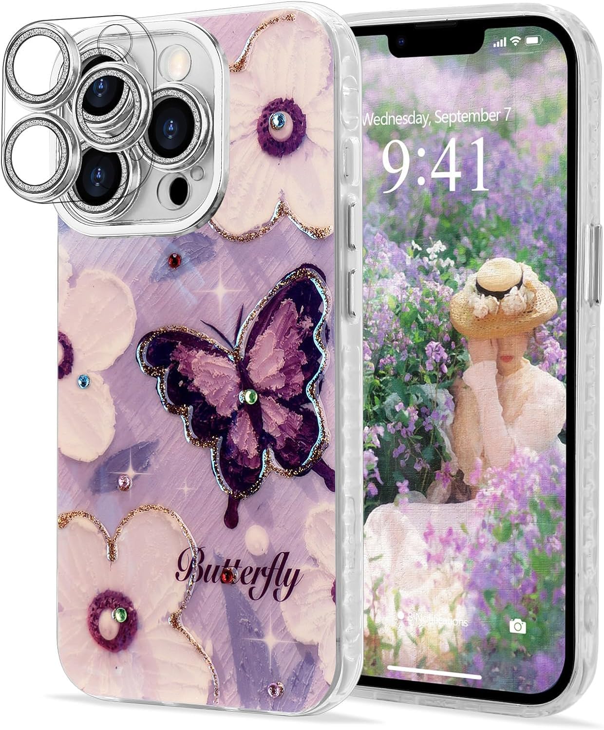 mobistyle Women Girls, Colorful Retro Oil Painting Flower Floral Design Shiny Bling Diamond Camera Cover Hard Back with TPU Edges Back Cover Case for iPhone 13 Pro, Butterfly Purple (B0D77YC3ND) Amazon Price History, Amazon Price Tracker