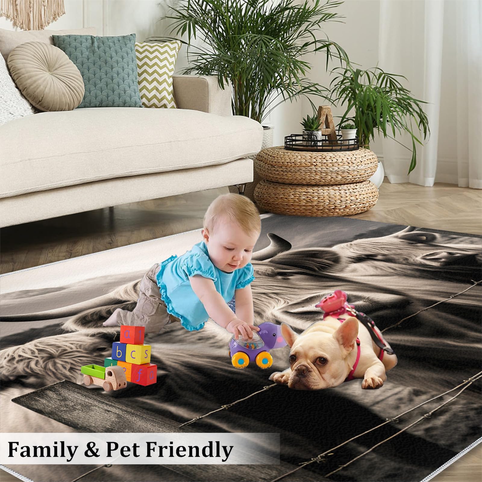 Highland Cow Teppich 80 x 120 cm – rutschfest, waschbar, Bauernhaus-Tier-Design, Indoor-Teppich für Schlafzimmer, lustiges süßes Kuh-Thema für Kinder, Jugendliche und Jungen, grau-weiße