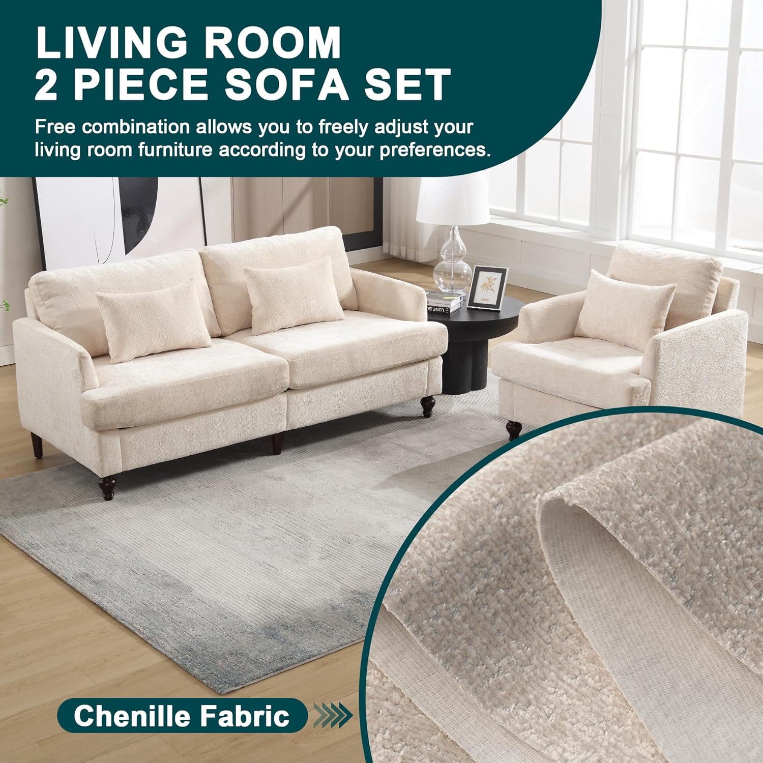 QQU Modern Upholstered Armchair, Chenille Fabric Single Armchair with Cushions, Living Room Lounge Chair, Reading Chair with Solid Wood Frame Suitable for Bedroom, Reception Room,Beige