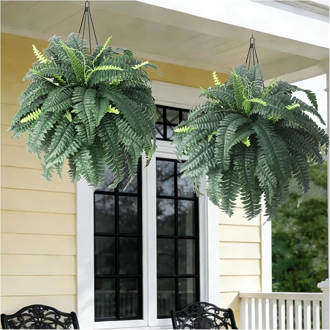 40" Artificial Hanging Boston Fake Ferns, 2 Pack | UV Resistant hanging Fern for Front Porch, for Window Box & Patio Decor, Realistic Spiky Fern Bush for All Seasons (2 pack)