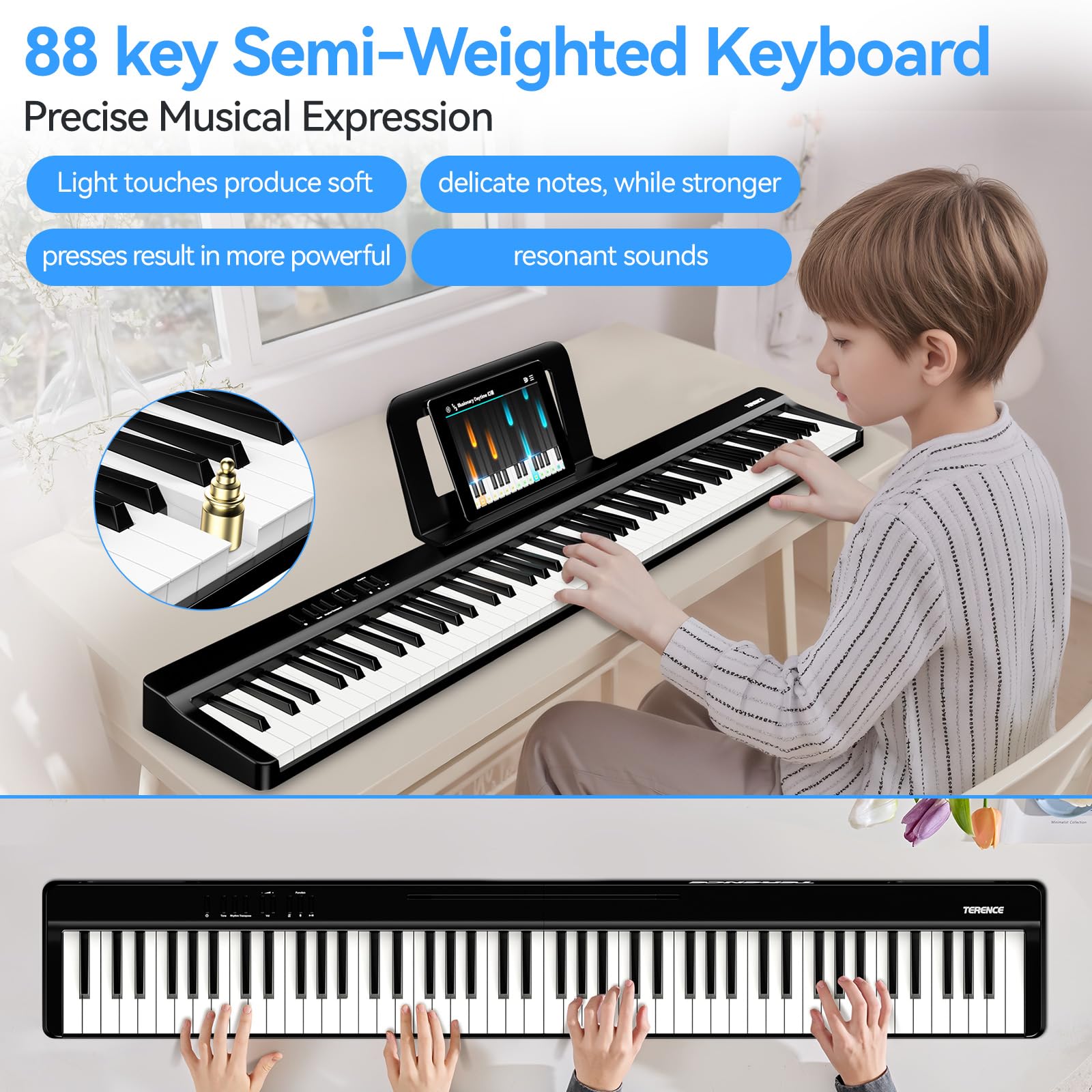 Piano Numérique Portable 88 Touches Pianos avec Z Support TERENCE Clavier de Piano Semi-lesté 88 Touches pour Débutants et Experts, Fonction d'enregistrement audio intégrée Interface Bluetooth MIDI