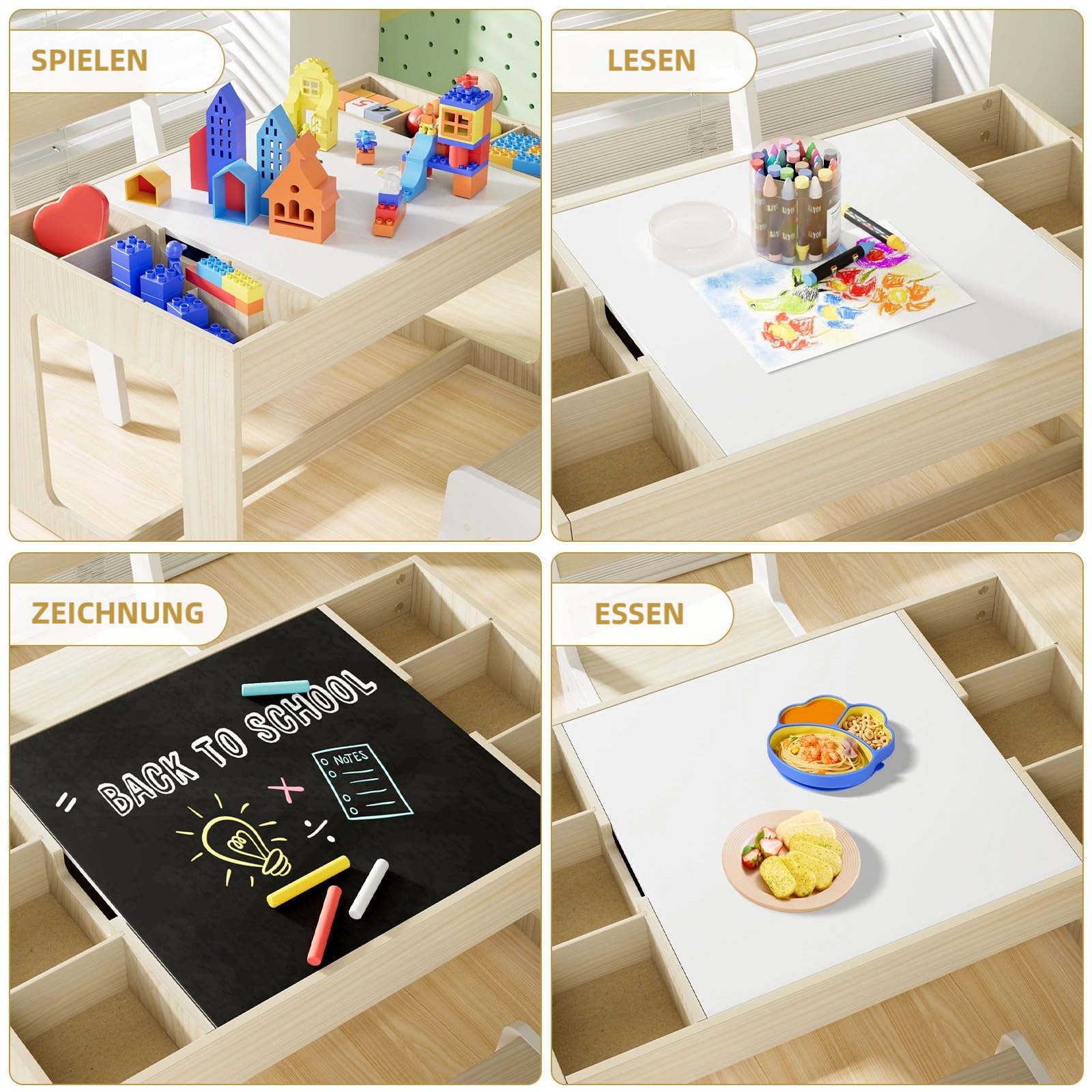 Clevich Table avec 2 Chaises avec Rangement, pour Enfant avec Plateau de Table Réversible, Bureau avec 2 PCS Chaise pour l'école, la Garderie, Bureau Enfant 3 Ans, Blanc
