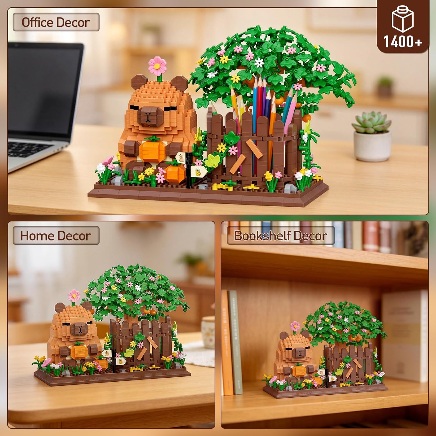 HIGH GODO Capybara Pen Holder Building Set with Flowers, 2 in 1 Cute Capybara Organizer Decor Pen Holder, Arts&Crafts for Home Decor, Easter Birthday Gift for Capybara Lovers, Adult Teens 14+(1400PCS)