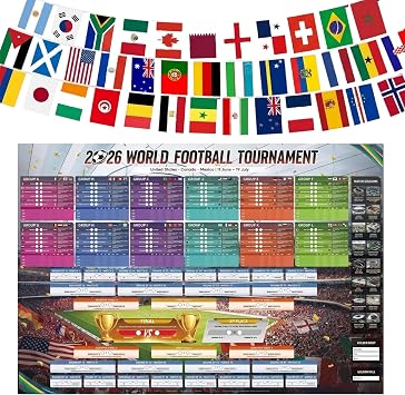 CZFDHP World Cup Wall Chart 2026, World Cup Decorations with 48 Countries Flag Banner and 100 x 70cm Wall Chart Poster, Perfect for Soccer Fan Parties, Sports Bar Displays Garden Party Decor