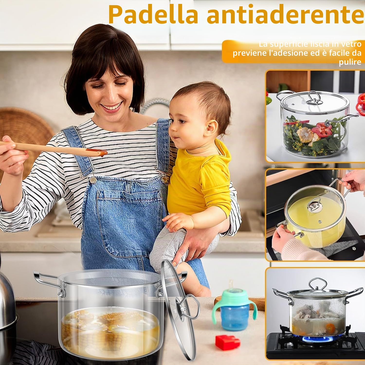 Pentola in vetro trasparente con coperchio, 5,5 l, resistente al calore, con manici in acciaio inox, pentola per cuocere a fuoco lento per pasta, pasta, zuppa, latte, 30,5 x 20,3 cm