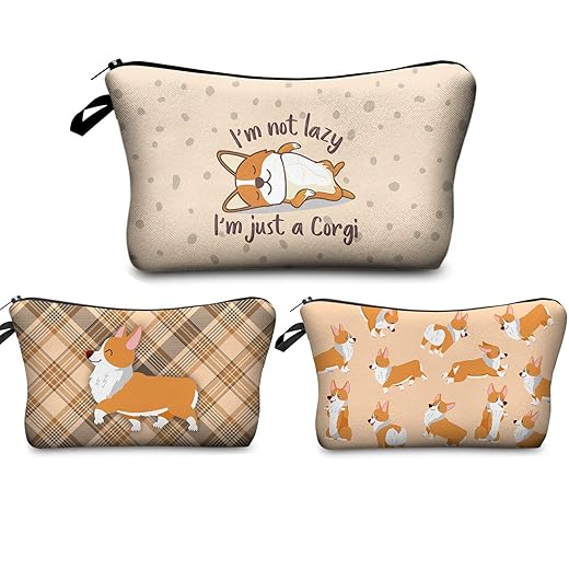FITINI Makeup Bag Funny,Corgi Dogs Travel Small Cosmetic Bags Organizer for Women Handbag Toiletry Storage Pouch Waterproof Purse,Set of 3