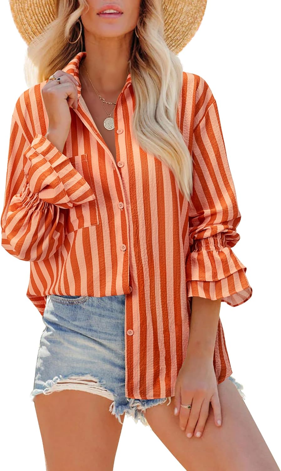 Gleeivy Oversize Striped Button Down Shirts Women Smocked Boyfriend Long Sleeve Blouse Ruffle Casual Tops with Pocket