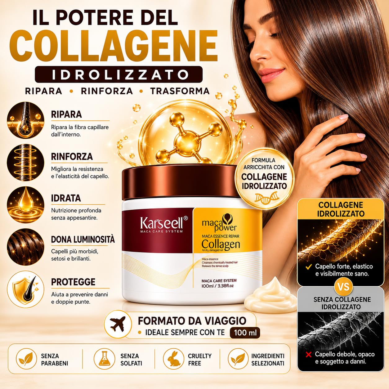 Karseell MACA CARE SYSTEM Maschera Capelli Professionale Collagene Argan Cocco Karité Nutriente Idratante Riparatrice Anticrespo Capelli Secchi Danneggiati Crespi Senza Solfati Formato Viaggio 100ml