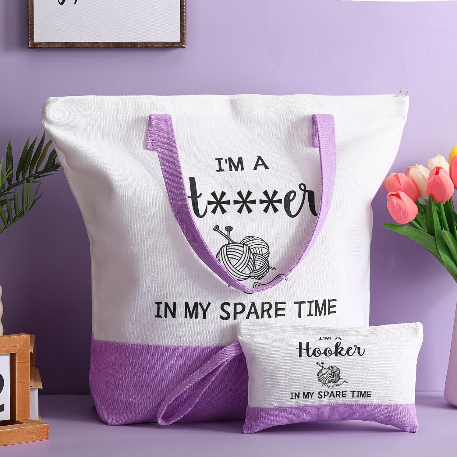 2 Pcs Crochet Lover Gifts for Women, Funny Purple Canvas Bag with Cosmetic Pouch Tote Bag in My Spare Time Crochet Lovers Friends Crocheters Gifts - Image 2