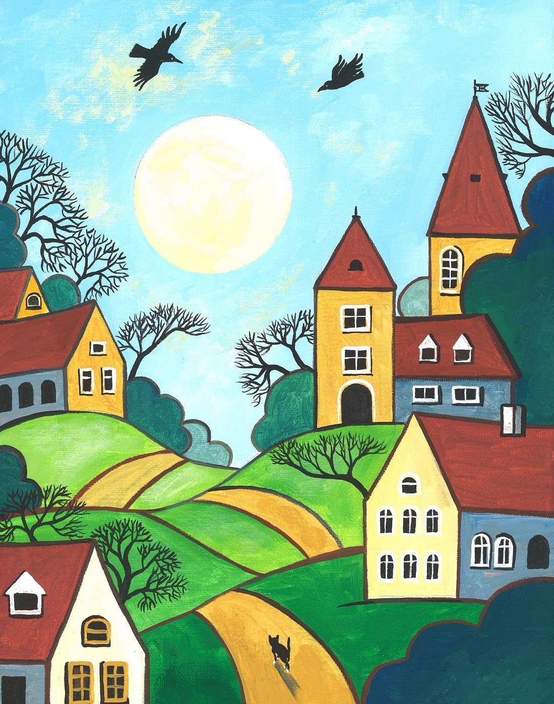 11X14 INCH PRINT OF ORIGINAL PAINTING RYTA ABSTRACT FOLK ART LANDSCAPE CHURCH VILLAGE HOUSES RYTA TUXEDO CAT BIRDS INTERIOR HOME SPRING DESIGN DECOR DECORATION FINE WALL ART