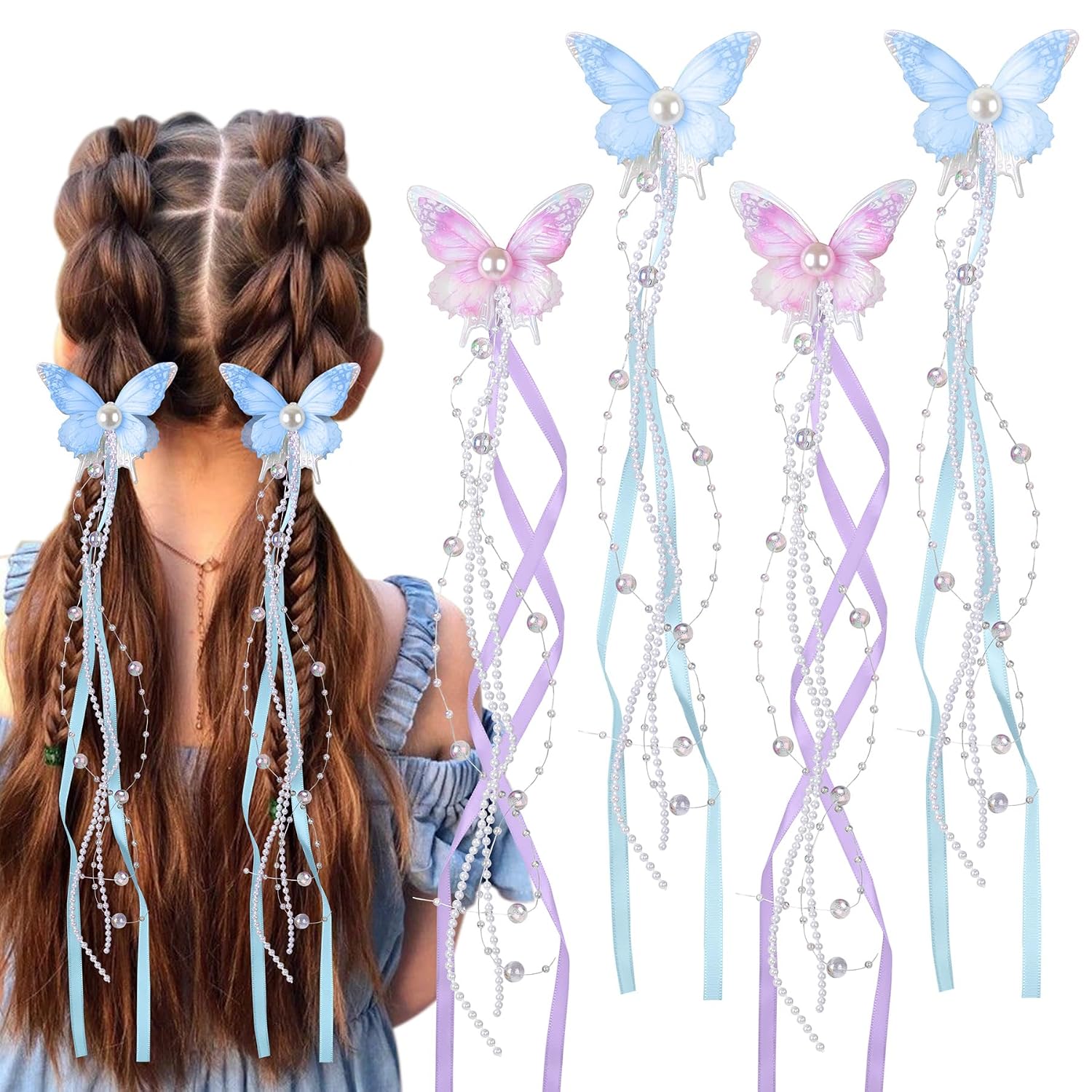 4 Pcs Butterfly Hair Clips for Girls - Butterfly Tassel Hair Bow Pins Cute Fairy Hair Accessories for Girl Non-slip Hair Barrettes Wedding Prom B460 (Blue Purple)