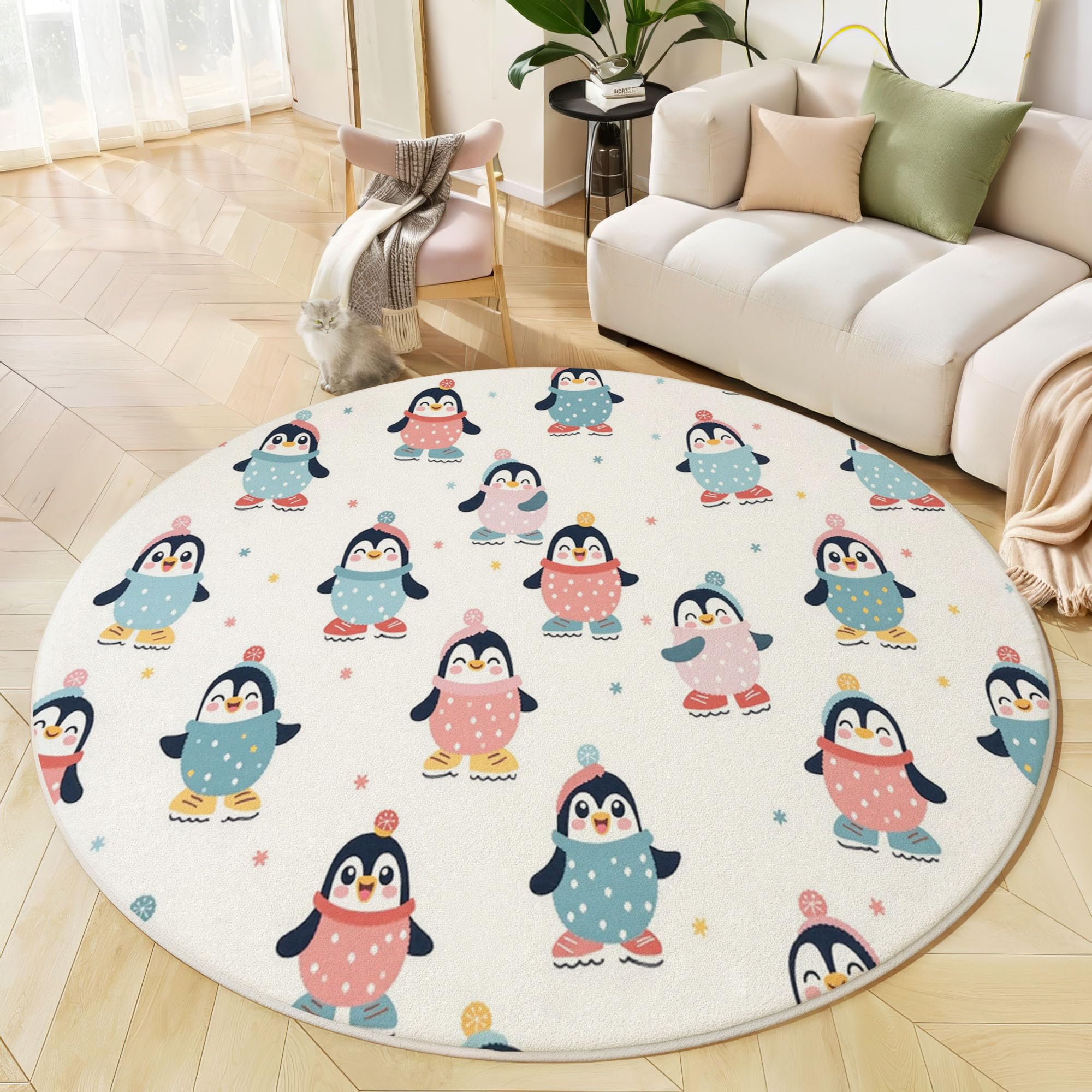 Tapis rond enfant 180 cm pingouins bleu pastel antidérapant
