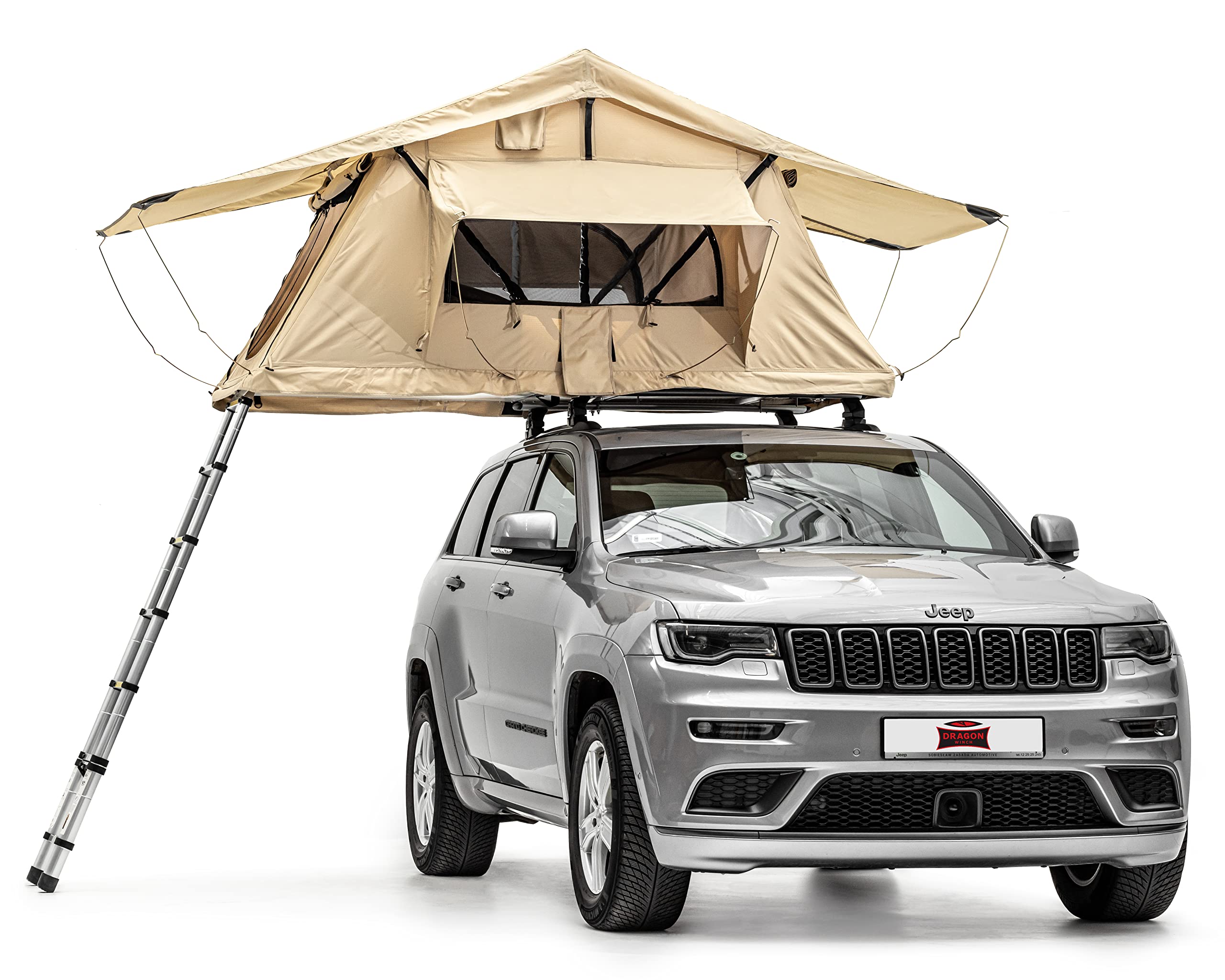 Dragon Winch Zelt Dachzelt Auto für 2 Personen inklusive Matratze, Teleskopleiter, Zubehörtaschen und Moskitonetze. Komfortables und mobiles Camping Zelt | Wasserdicht | Ideal für Auto-Camping