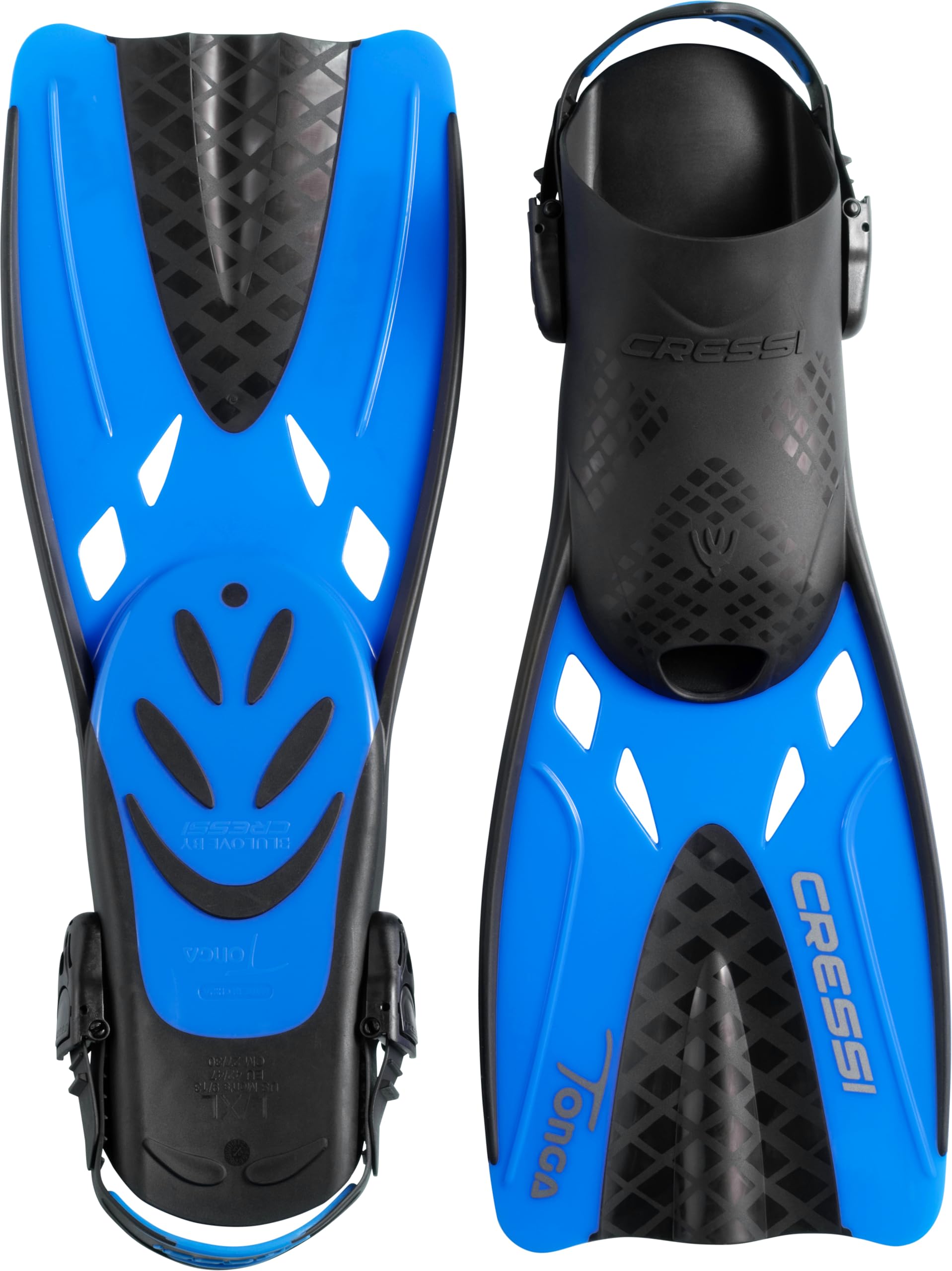 CRESSI Tonga Fins/Set - Pinne leggere Corte Regolabili Scarpetta Aperta o Set Pinne + Maschera Integrale Ampia Visione Baron, Adulti