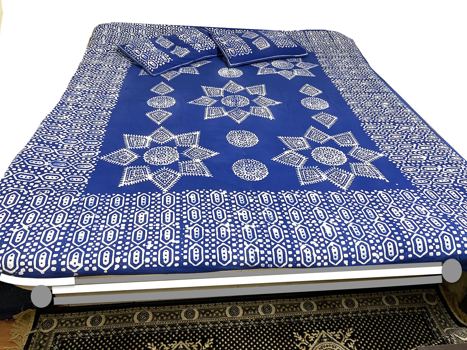Traditional Handmade Wax Batik Double Bedsheet with Pillow Covers in Durable & Comfortable Pure Cotton Material (Queen, Blue Dark)