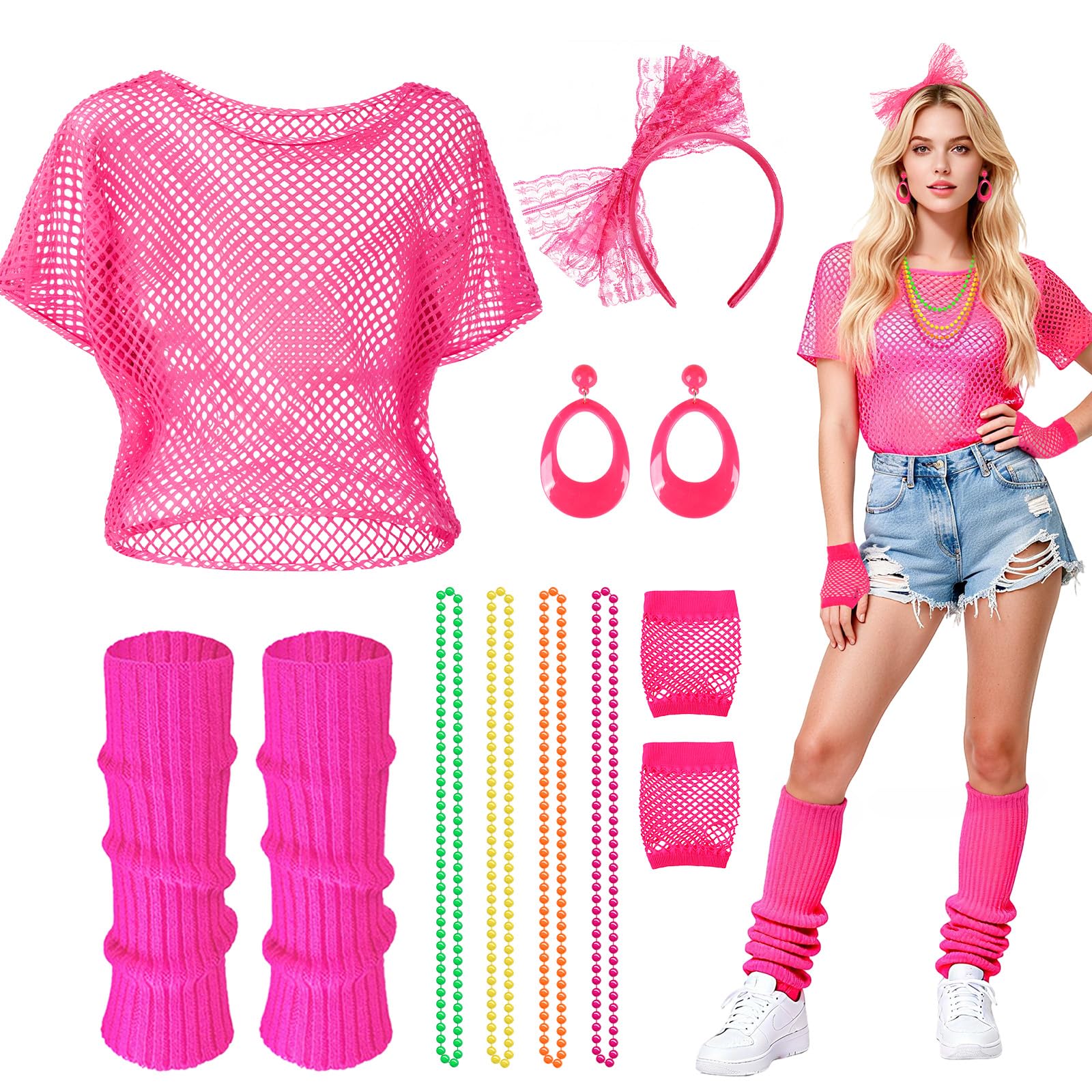 Beamely 80s Fancy Dress Set for Women, 6 Pcs Neon Party Costumes Accessories with Fishnet T-shirt Gloves Headband Necklace Earrings Leg Warmers for Retro 80s Party Dress up Day (rose red)