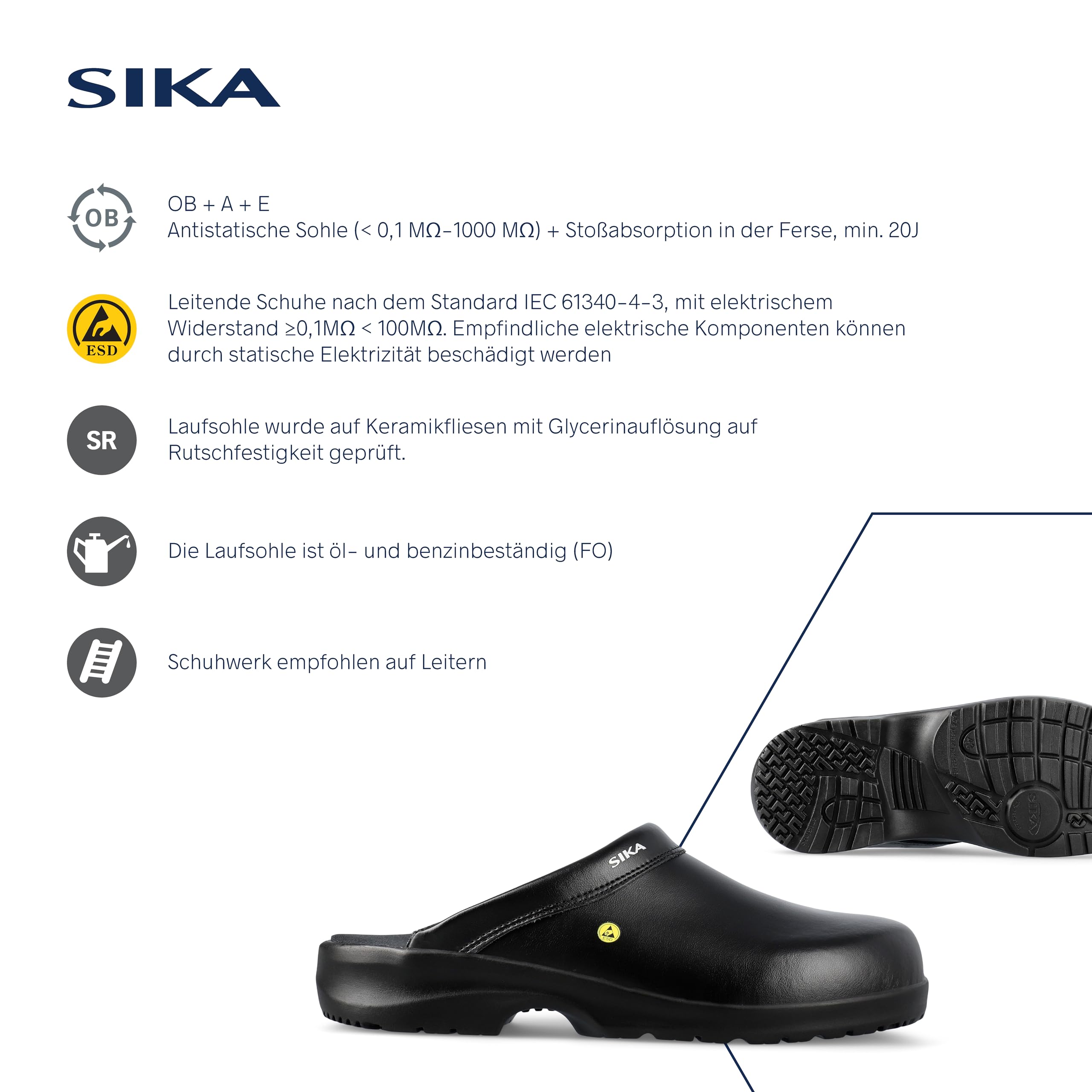 SIKA Unisex-Clogs für medizinische Berufe, rutschfeste Arbeitsschuhe, Permair-Leder, stoßdämpfende Sohle, ESD-geprüft, waschbare Innensohle, professionelle Clogs für Service- und Reinigungsmitarbeiter
