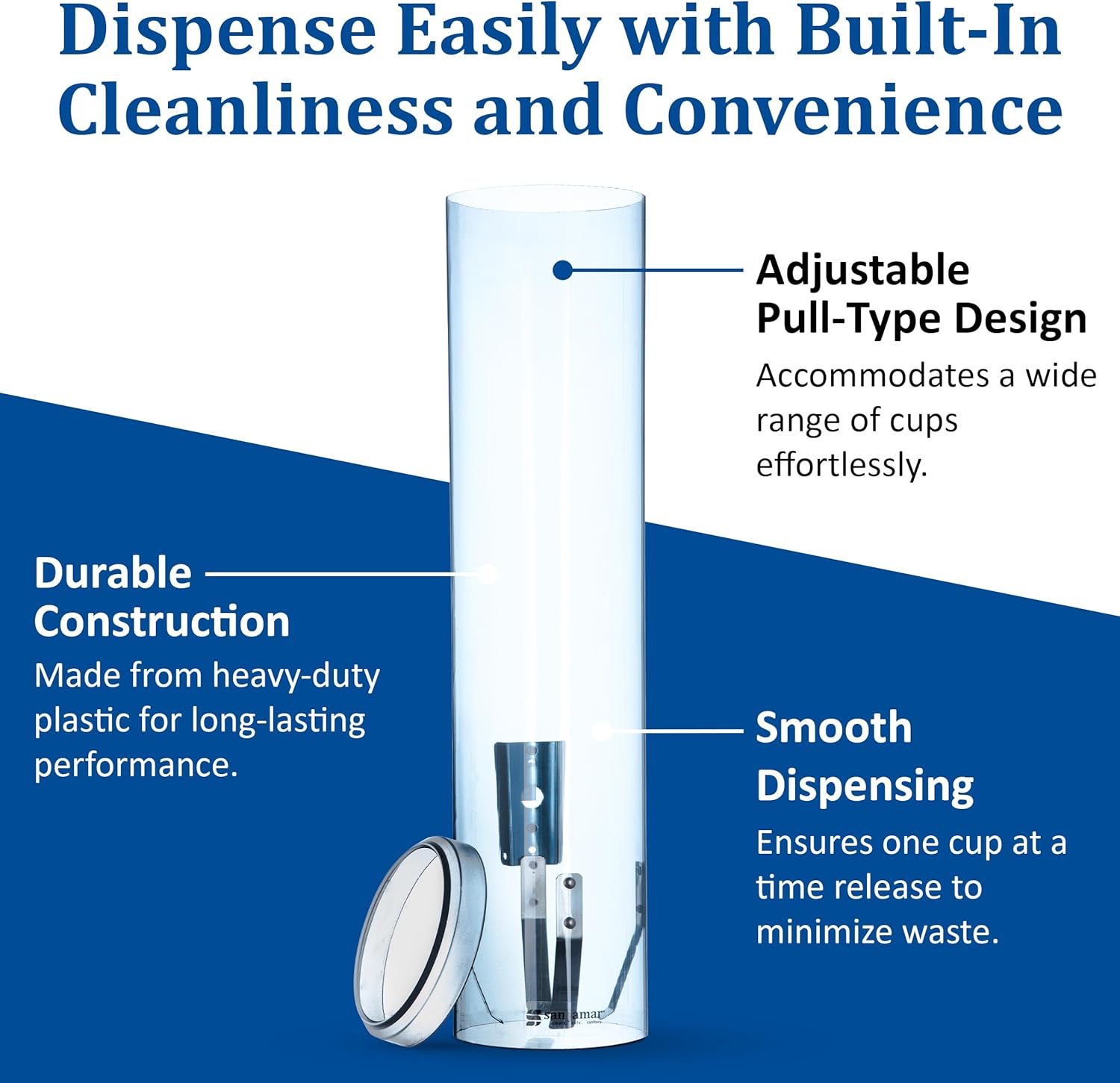 San Jamar Large Pull-Type Cup Dispenser 6-12 Oz. Flat Cups, 4.5 - 7 Oz Cone Cupz with Flip Cap for Restaurants, Home, and Office, Plastic, 16 Inches, Arctic Blue