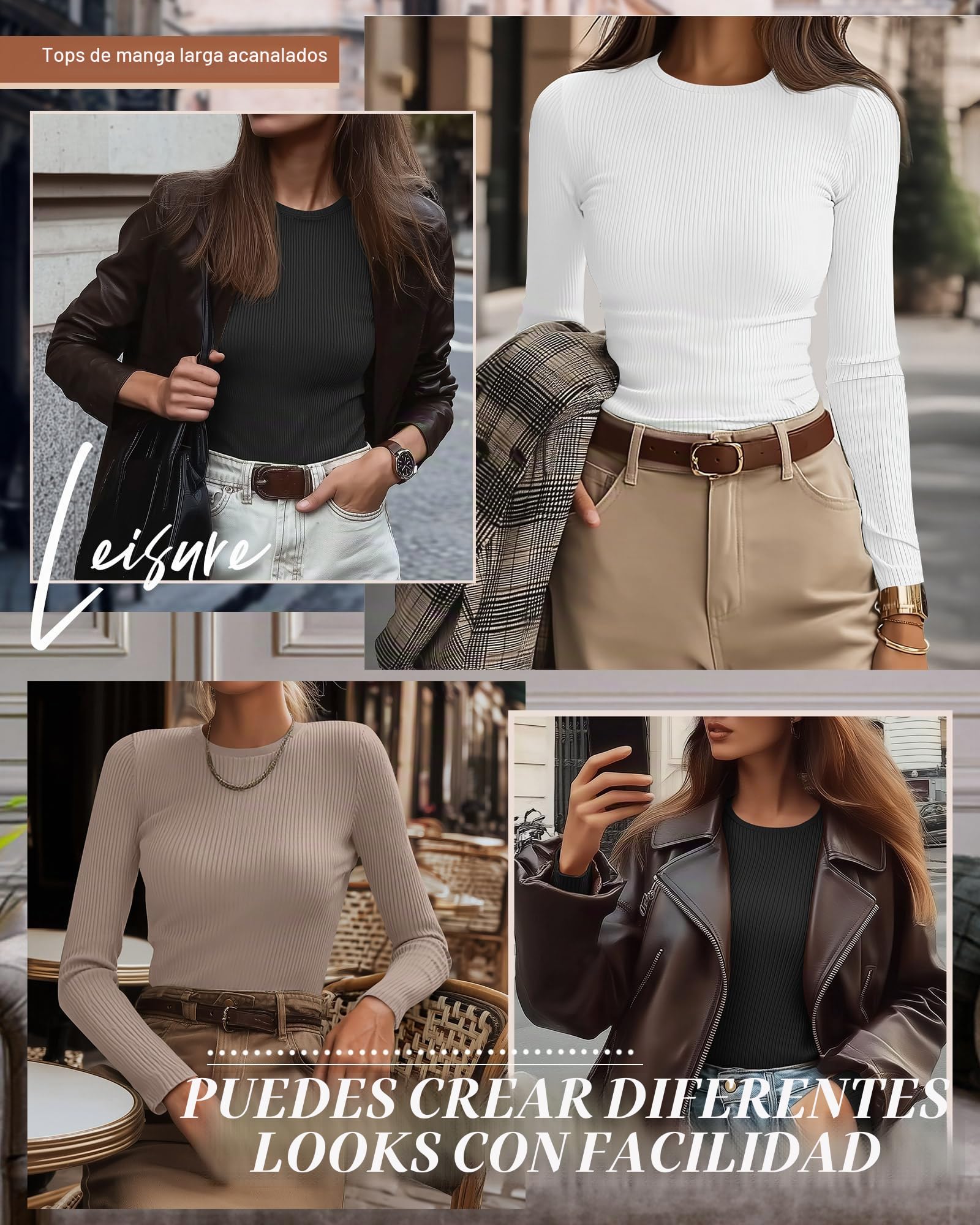 Ficerd Paquete de 3 Camisetas Interiores Elásticas de Manga Larga con Cuello Redondo y Tejido Acanalado para Mujer | Camiseta interior de cuello redondo, ajustada, básica de punto, casual de verano, camiseta elástica en capas
