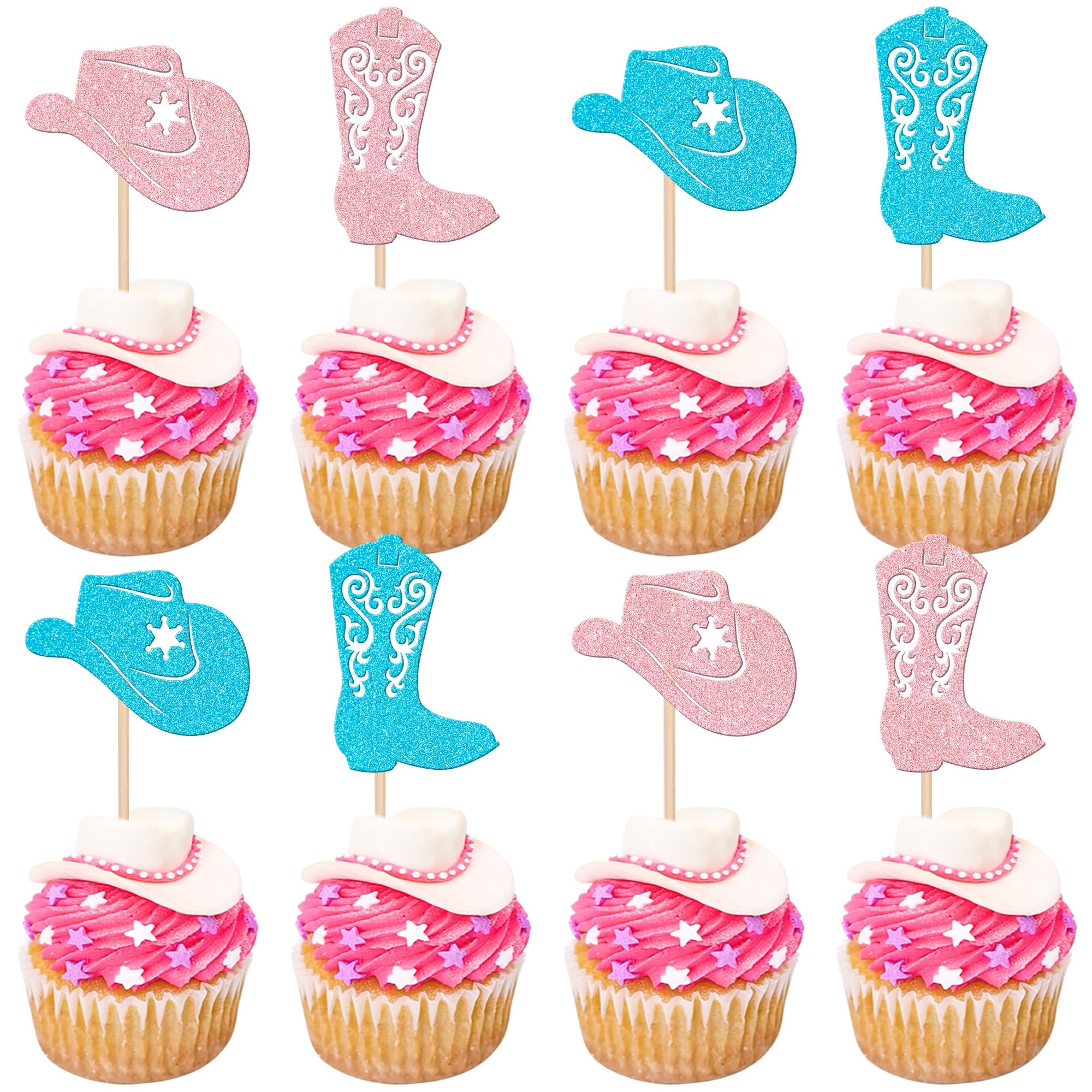 Xsstarmi 24 Pack Cowboy Cupcake Toppers Glitter Blue or Pink Cupcake Picks Boy or Gril Cake Decorations for Cowboy Theme Gender Reveal Baby Shower Kids Birthdaty Party Supplies