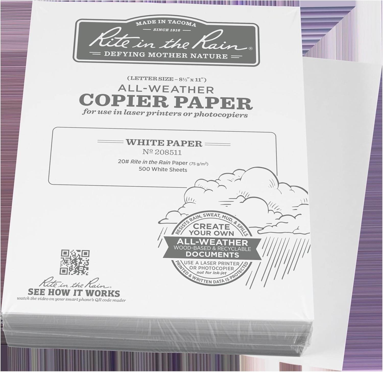 Rite in the Rain Weatherproof Bulk Copier Paper, 8.5" x 11", 20# White, 500 Sheet Pack (No. 208511)