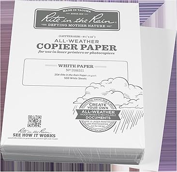 Rite in the Rain Weatherproof Bulk Copier Paper, 8.5" x 11", 20# White, 500 Sheet Pack No. 208511