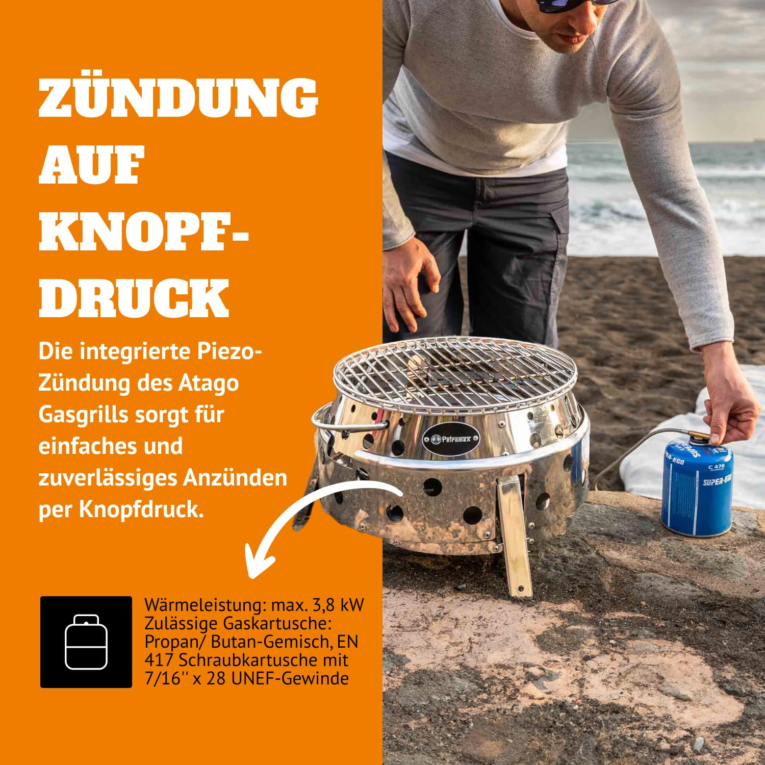 Petromax Atago Gasgrill - Tischgrill für den Einsatz beim Camping, im Garten oder Balkon - ideal zum Grillen, als Ofen oder Feuerschale - Picknick Grill mit Grillrost und Piezo-Zündung - Edelstahl