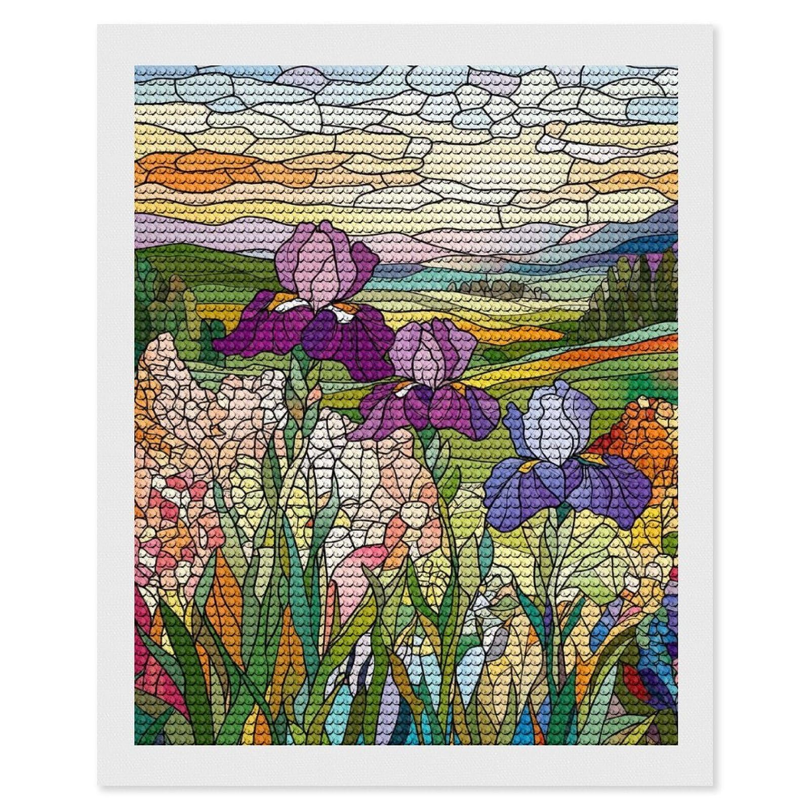 Junmoney Stained Glass Irises Diamond Art Canvas 16"x20", for Adults, Good for Quiet Evenings, Bedroom Decor, Festive Craft Gift, Easy to Enjoy