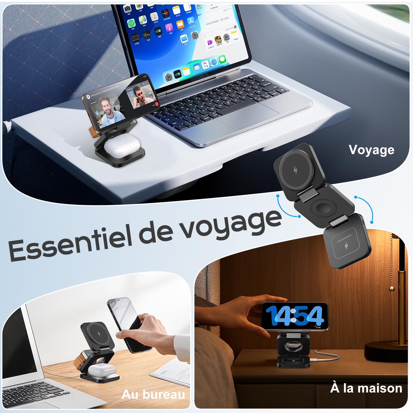 KU XIU 3-en-1 Chargeur sans Fil pour iPhone, Rapide Chargeur avec Mag-Safe | Pliable Voyage Station de Charge pour iPhone 17/16/15/14/13/12, AirPods et Apple Watch (Adaptateur Inclus)