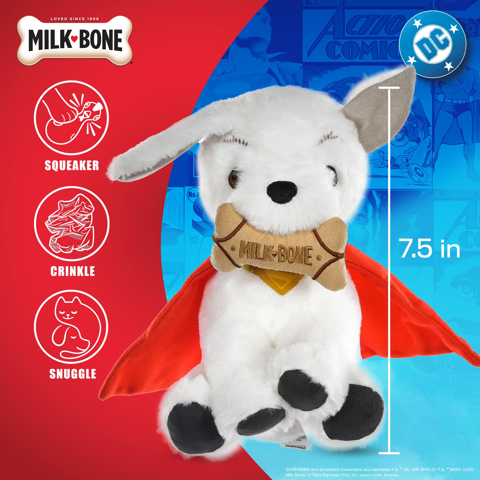 DC Comics Superman Krypto The Superdog Plüsch-Hundespielzeug – weiches quietschendes Hundespielzeug mit Knistergeräuschen, Umhang & Milchknochen-Leckerli-Design, 19,1 cm