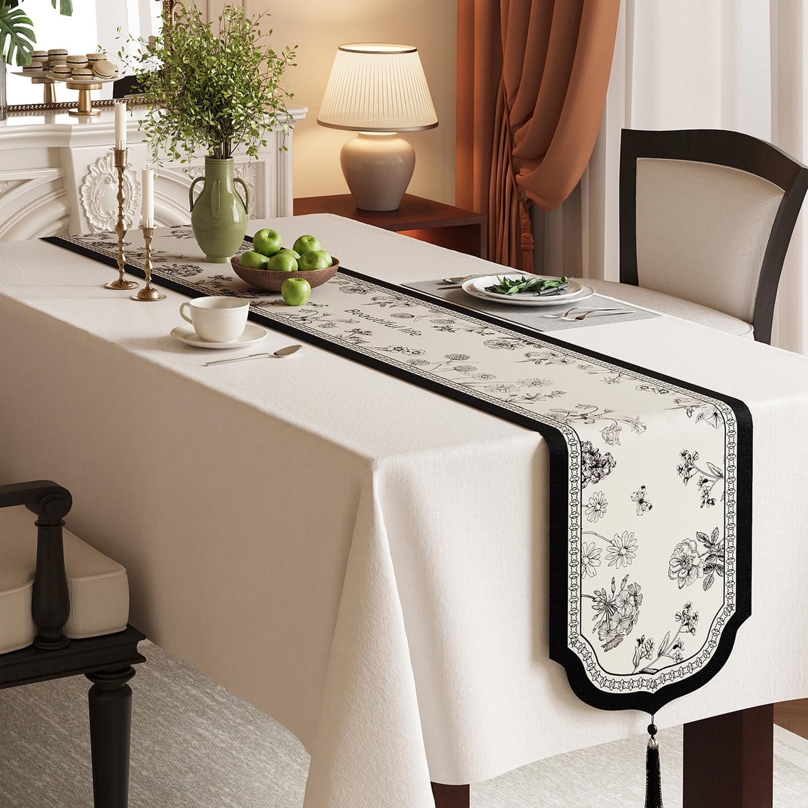 Tischläufer Hochzeit Polyester, Tischläufer Modern 35x260 cm, Leinenoptik mit Blumenmuster
