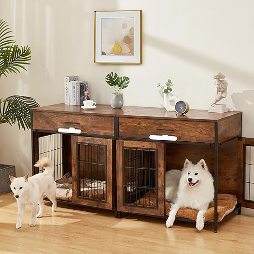 SWHSE Muebles grandes para jaula para perros, muebles resistentes para perreras con lámpara de inducción 2 en 1 y alfombrilla extraíble lavable para