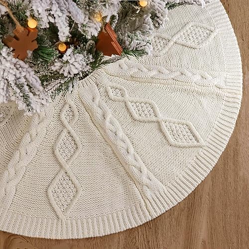 Miniatura 4 de Falda de árbol de Navidad de 48 pulgadas: falda de árbol de punto trenzado de diamante para árbol de 7.5 pies, falda de árbol blanco crema, faldas