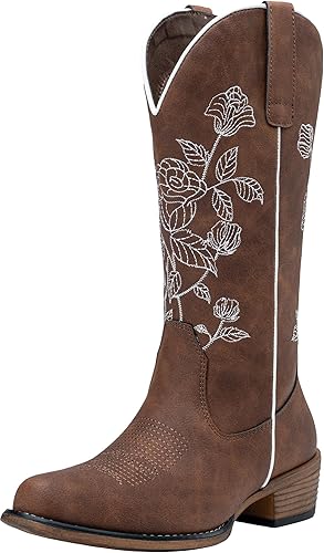 Jeossy Botas vaqueras a media pantorrilla con bordado de flores, tacón bajo, botas vaqueras occidentales 9807 para mujer