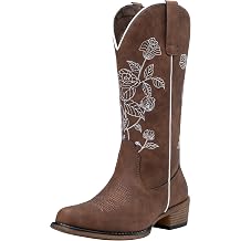 Jeossy Womens Mid Calf Western Cowboy Embroidery Low Heel Boots with Zip | Flower cowgirl boots,round toe,comfy,riding,casual,travel,country music,festival,music rodeo,vacation,farm,outdoor,party