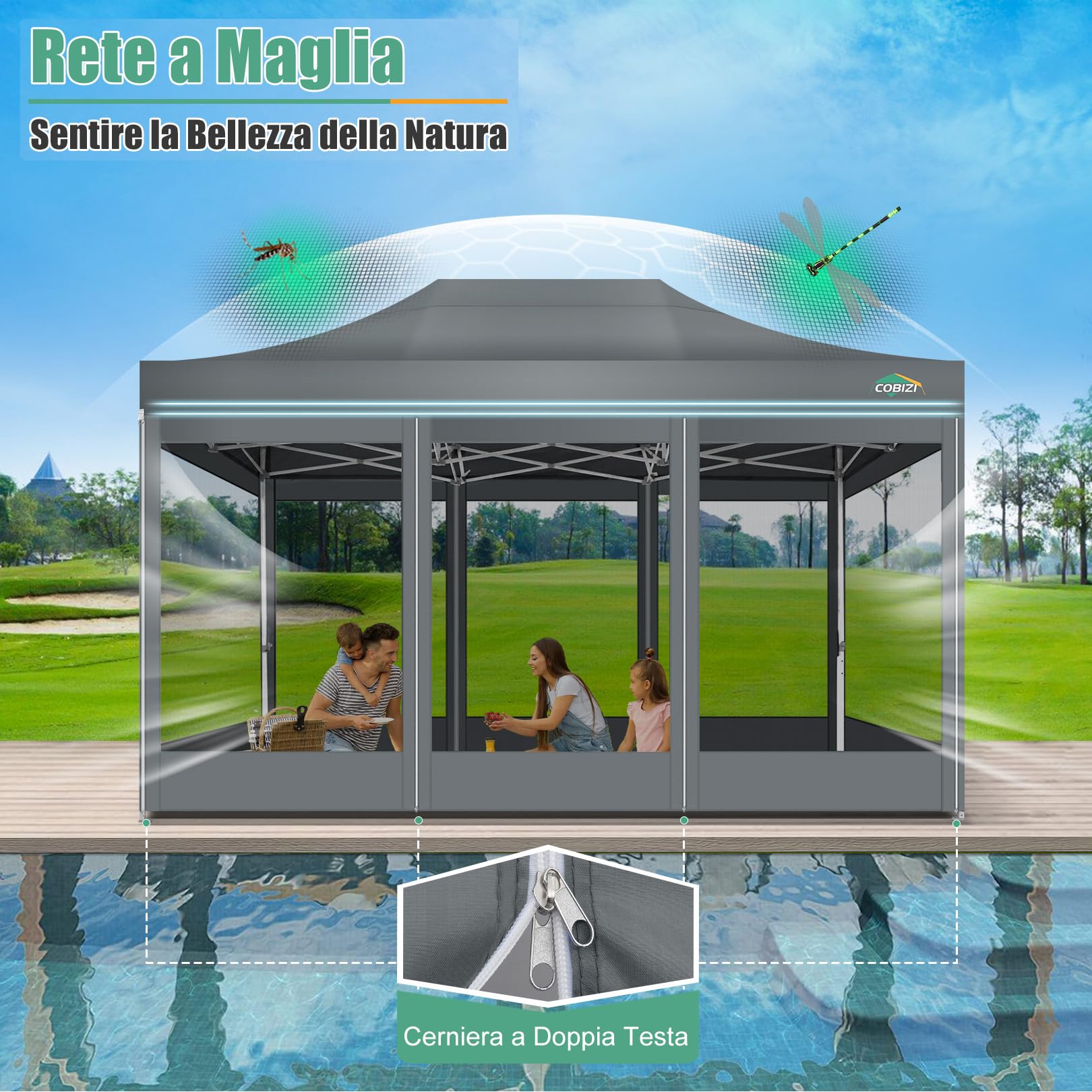 COBIZI Gazebo pieghevole 3x4,5 m con zanzariere, impermeabile e stabile | Protezione UV, altezza regolabile su 3 livelli, tessuto Oxford 420D, borsa inclusa