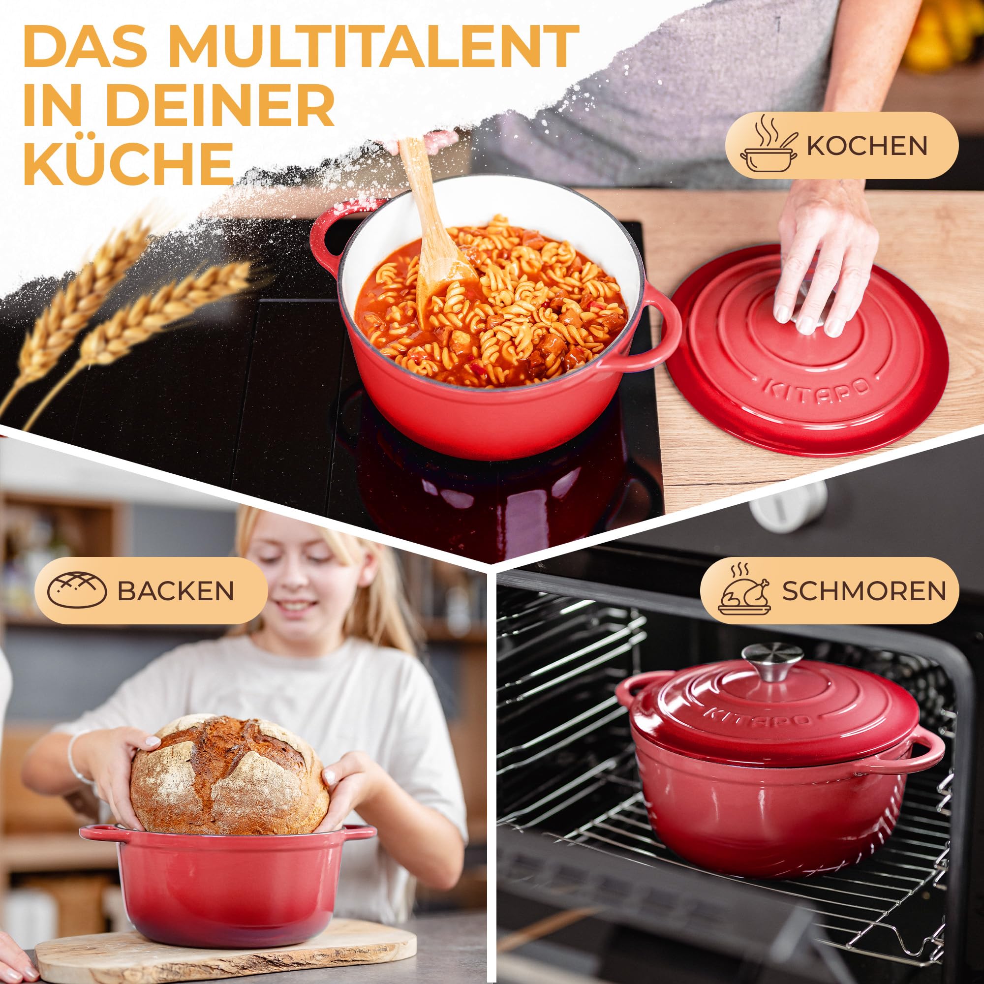 Pentola in ghisa [incl. cestino per la lievitazione + panno per impasto] – Pentola smaltata di alta qualità 24 cm – ideale per cuocere il pane in ghisa – pentola per pane in ghisa – accessorio