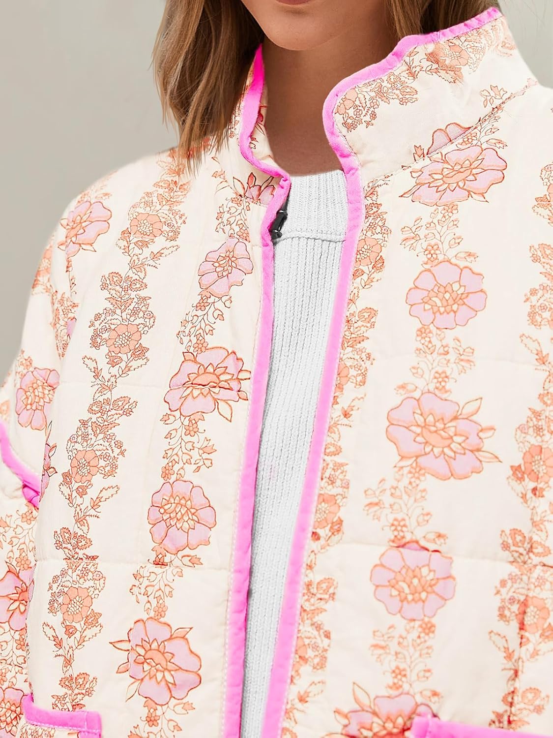 Tankaneo Womens Quilted Lightweight Jackets Floral Print Winter Coats Open Front Cardigan with Pockets - Image 2