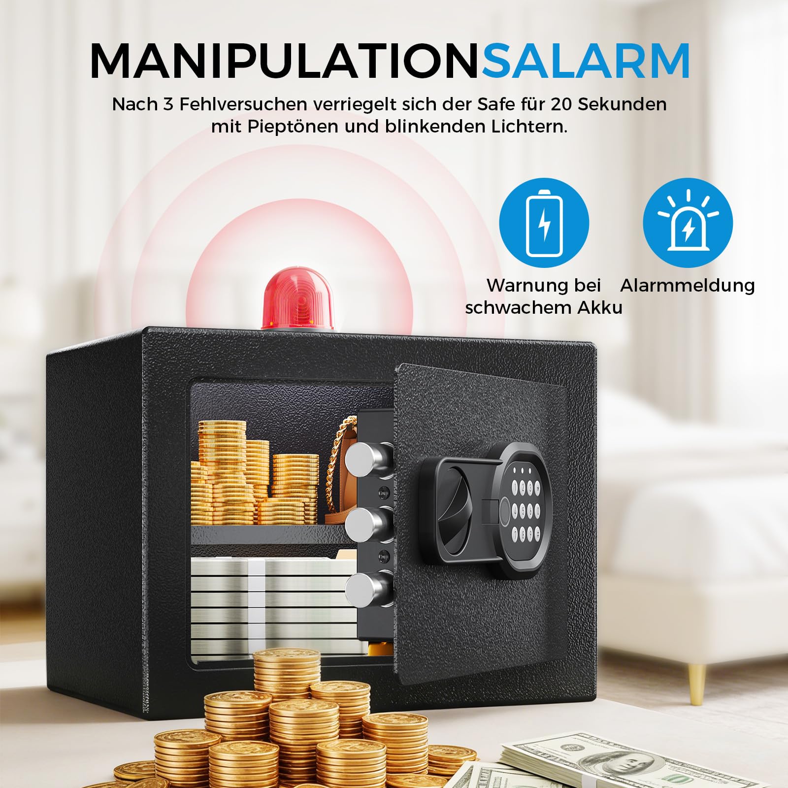 GTPLAYER Tresor für Zuhause, Feuerfester Wasserdichter Mini Sicherheitstresor mit Fingerabdruck, Zahlencode, Notschlüssel & Alarmfunktion – Elektronische Verriegelung für Bargeld Dokumente (12L)