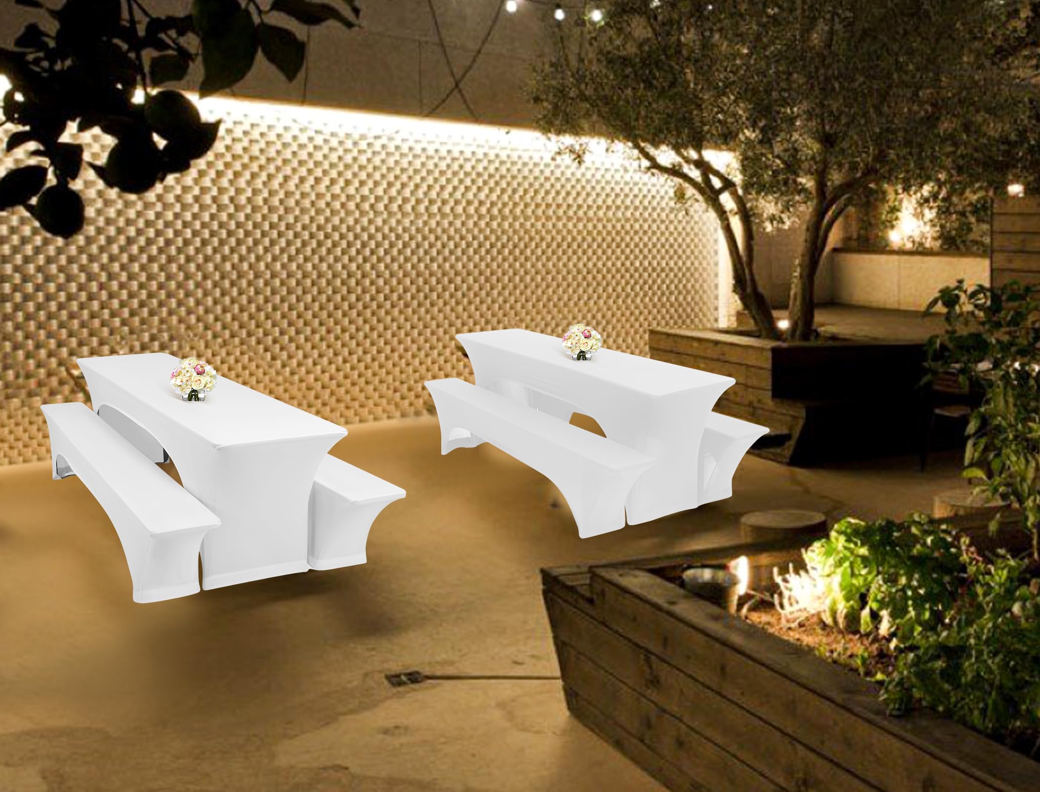 DREI 3er-Set Biertischhussen 220 x 50 x 70 cm, hussen bierzeltgarnitur, weiß, Stretch-Bezüge für Biertisch-und Bankgarnituren, Bierbankhussen, Spandex-Bierzeltgarnitur für Bankett
